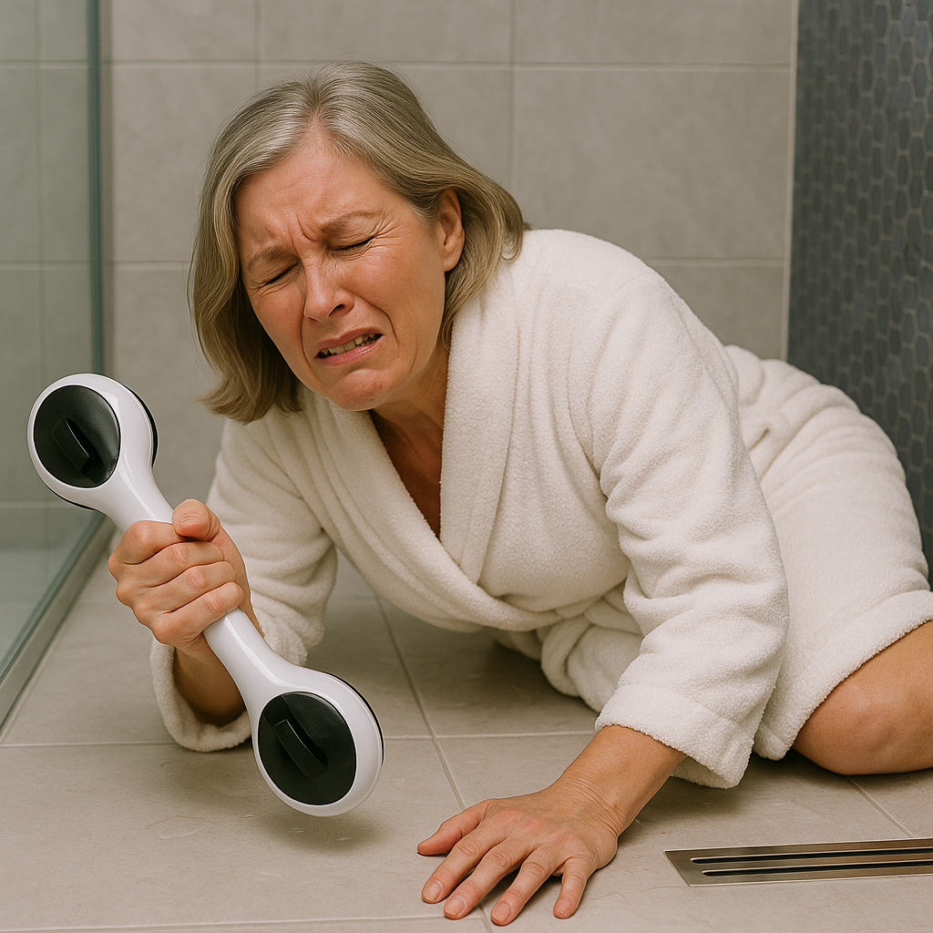 Senior falling because they used a suction cup grab bar instead of a LiveWell Grab Bar