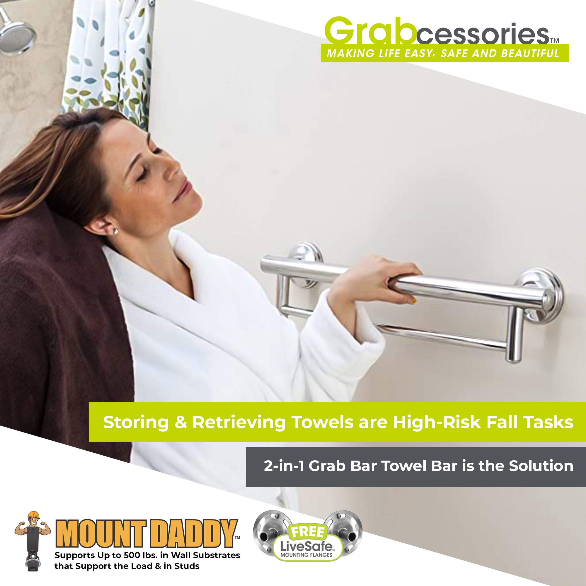 Grabcessories by LiveWell 2-in-1 grab bars towel bar in stylish bathroom