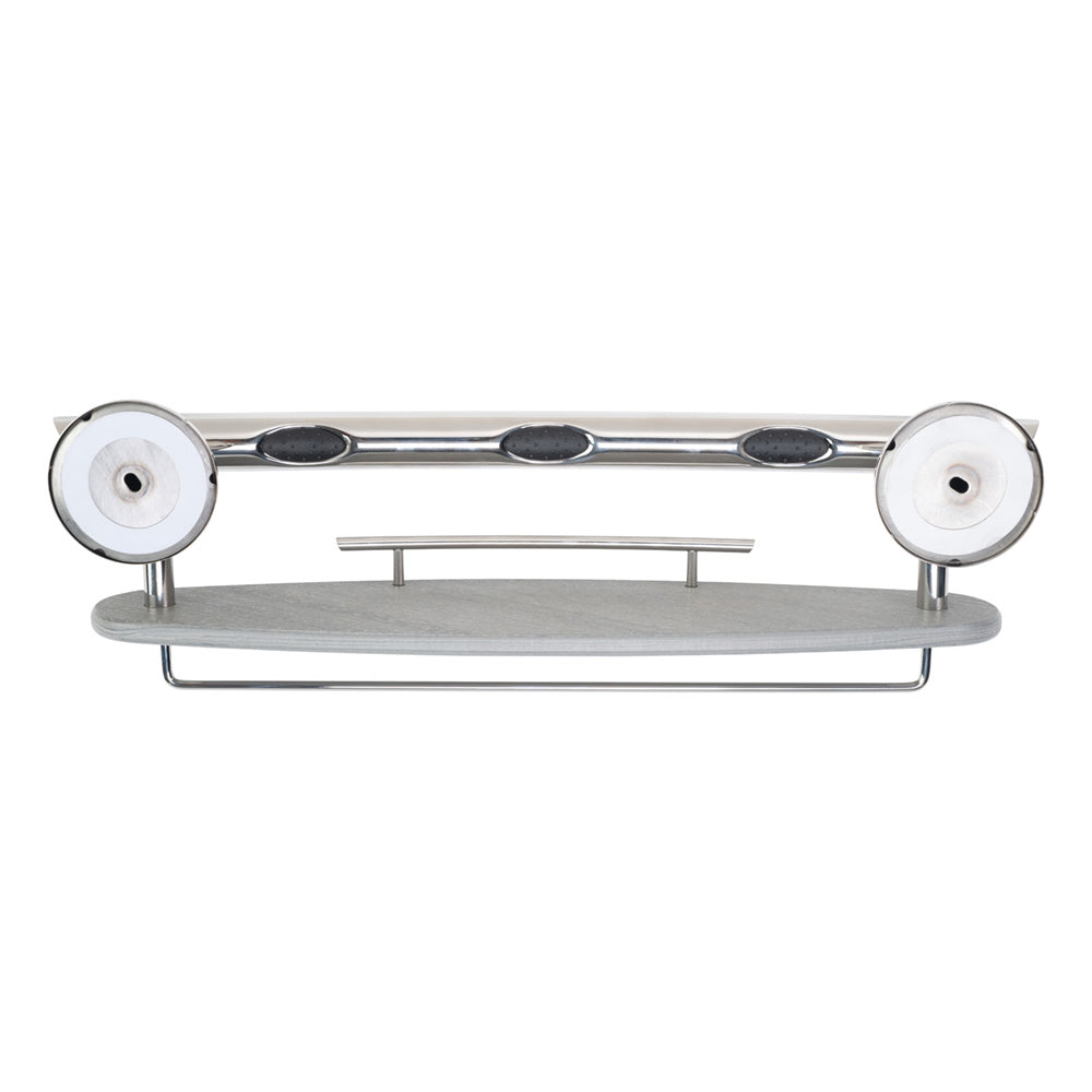 3-IN-1 GRAB BAR / SHAMPOO SHELF / WASHCLOTH BAR WITH EZ CLEAN GRIPS, ANGLED ENDS AND 2 FREE MOUNT DADDY HOLLOW WALL FASTENERS Chrome