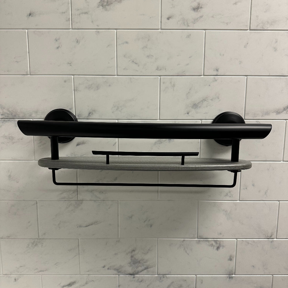 3-IN-1 GRAB BAR / SHAMPOO SHELF / WASHCLOTH BAR WITH EZ CLEAN GRIPS, ANGLED ENDS AND 2 FREE MOUNT DADDY HOLLOW WALL FASTENERS Matte Black