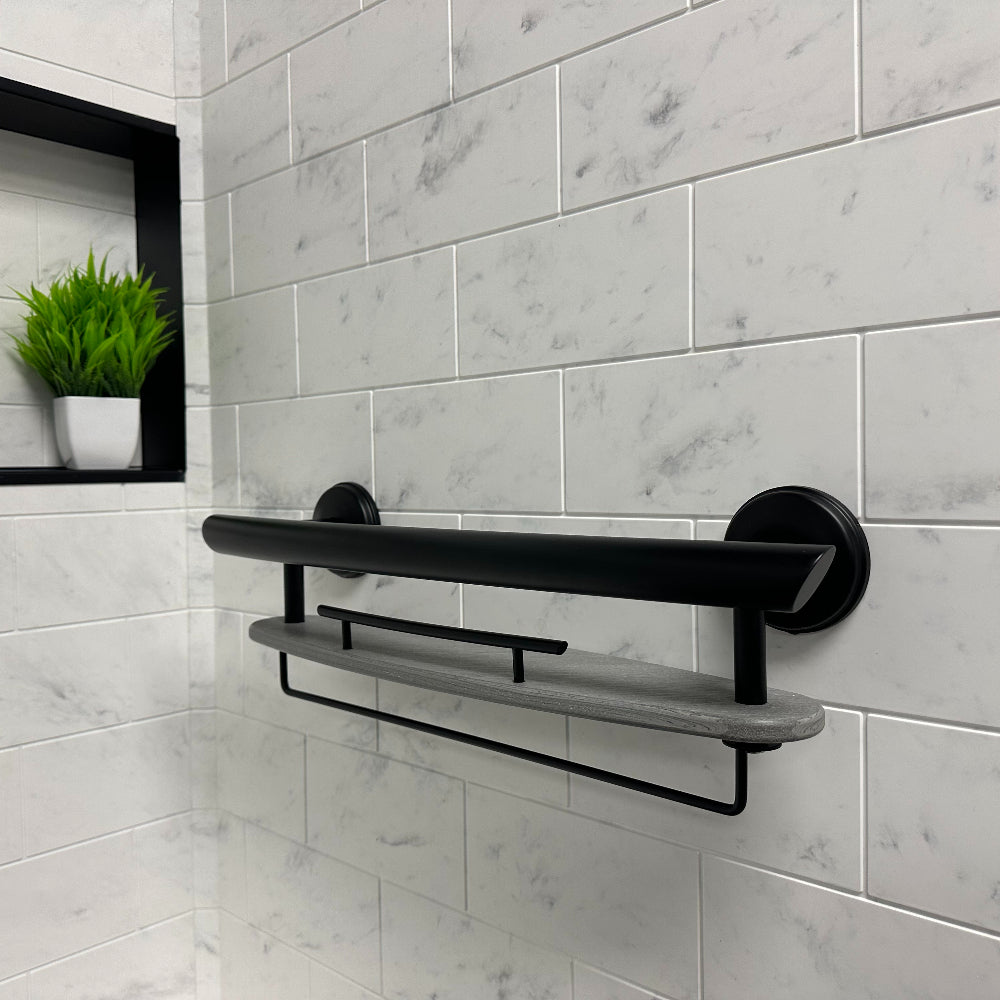 3-IN-1 GRAB BAR / SHAMPOO SHELF / WASHCLOTH BAR WITH EZ CLEAN GRIPS, ANGLED ENDS AND 2 FREE MOUNT DADDY HOLLOW WALL FASTENERS Matte Black