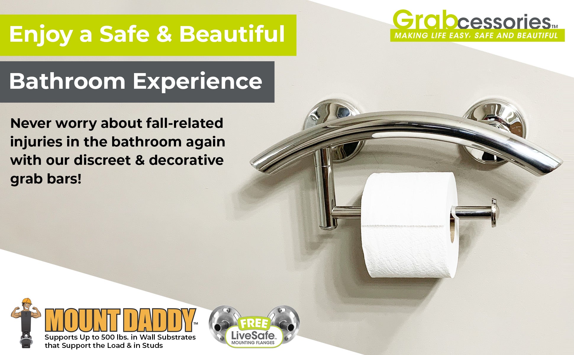 3-in-1 arched grab bars designed as a toilet paper holder or hand towel bar with EZ Clean rubber nubby grips for safety and stability.