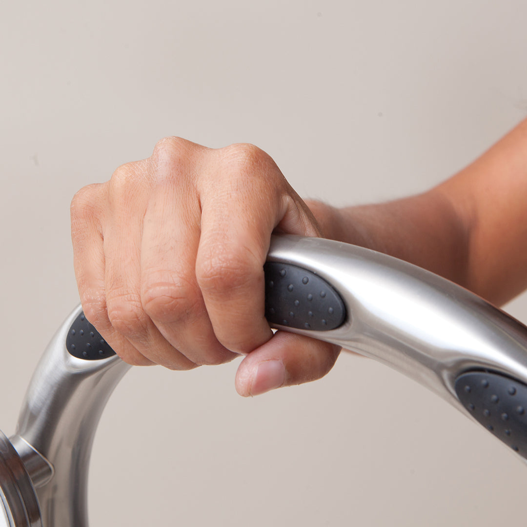 3-in-1 arched grab bars designed as a toilet paper holder or hand towel bar with EZ Clean rubber nubby grips for safety and stability.