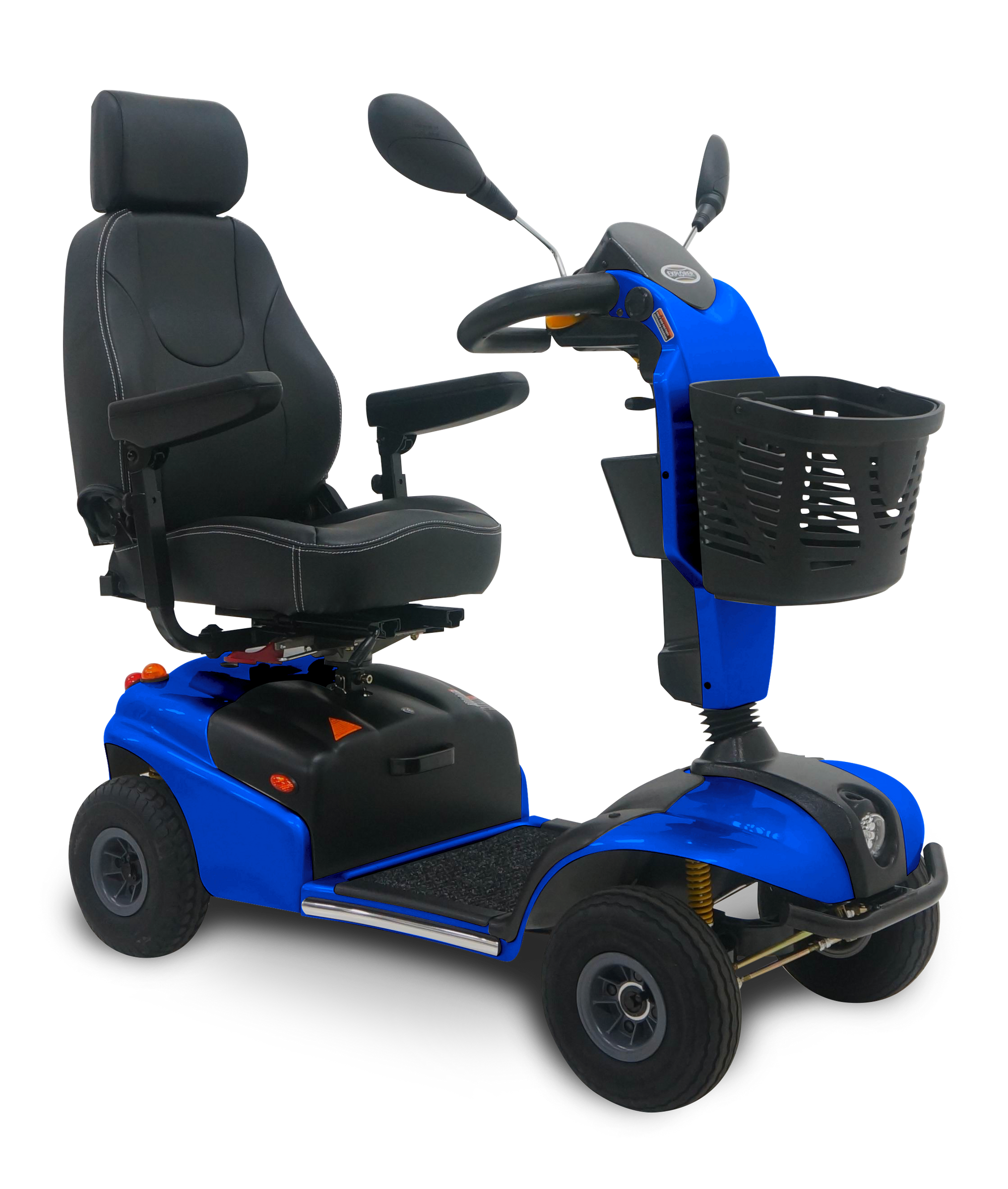 Side view of the Shoprider Explorer showcasing its deluxe captain’s seat in blue.