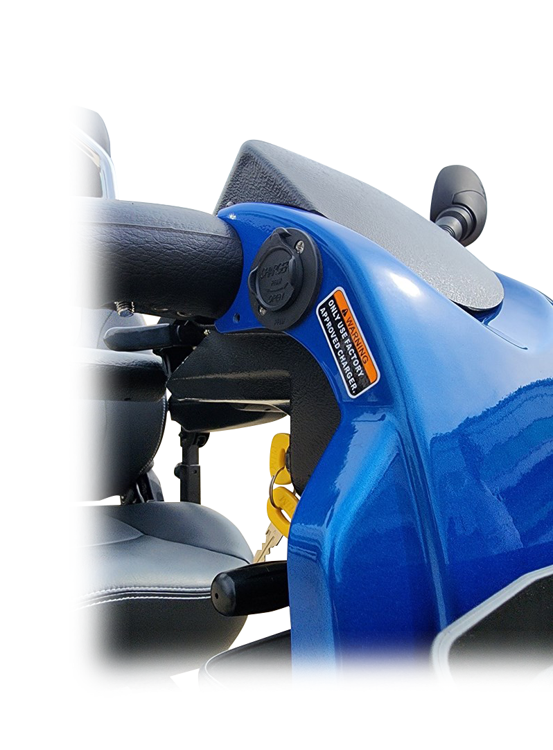 Shoprider Explorer displaying its USB charging port.