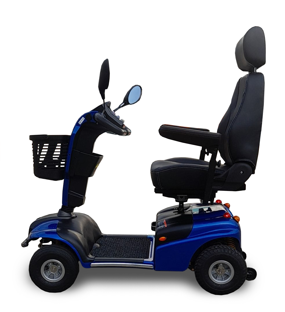Side view of the Shoprider Explorer showcasing its deluxe captain’s seat in blue.