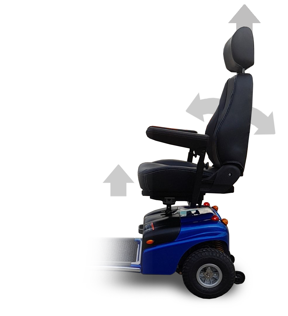 Side view of the Shoprider Explorer showcasing its deluxe captain’s seat in blue.
