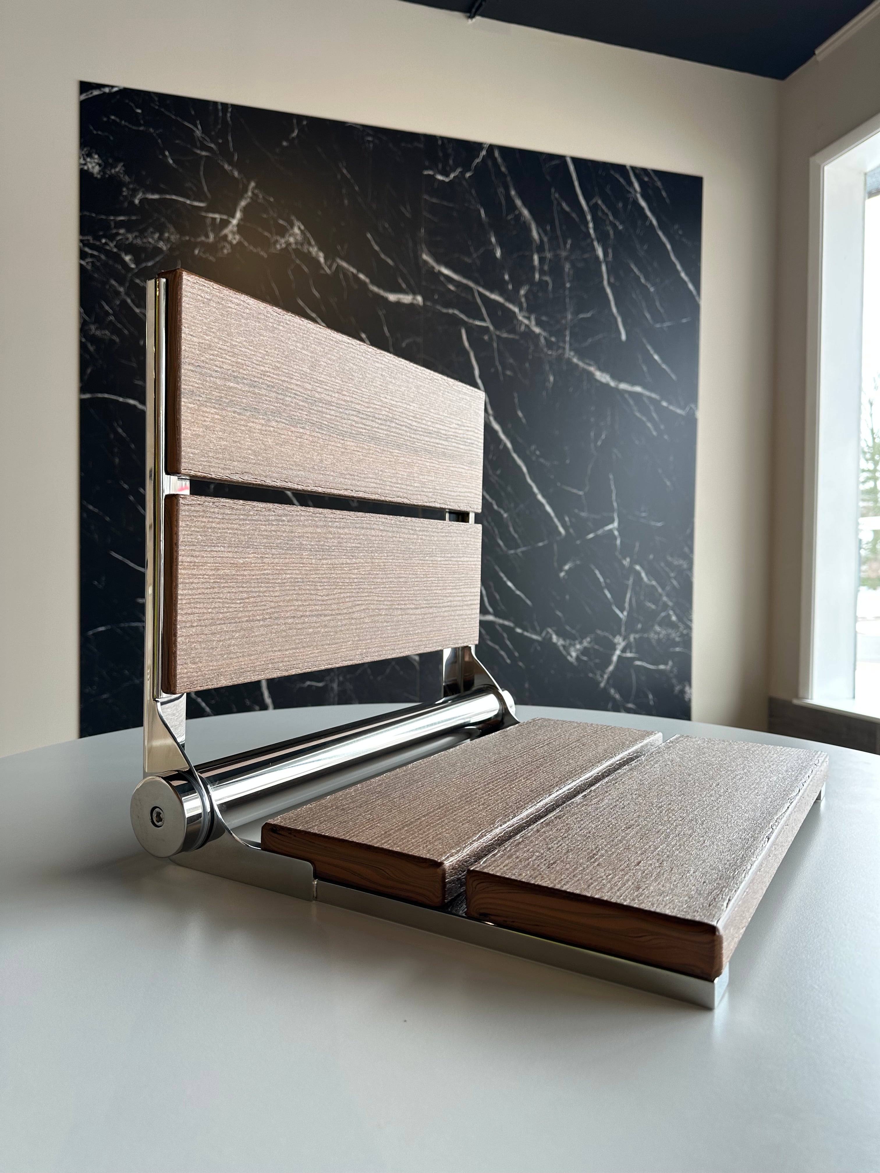 Bathcessories by LiveWell 18" Beautiful Plastic Wood Fold Down Seats. Stainless Steel and ADA Compliant BRUSHED NICKEL/ANTIQUE MAHOGANY MODEL#  18L-WS-BN-AM