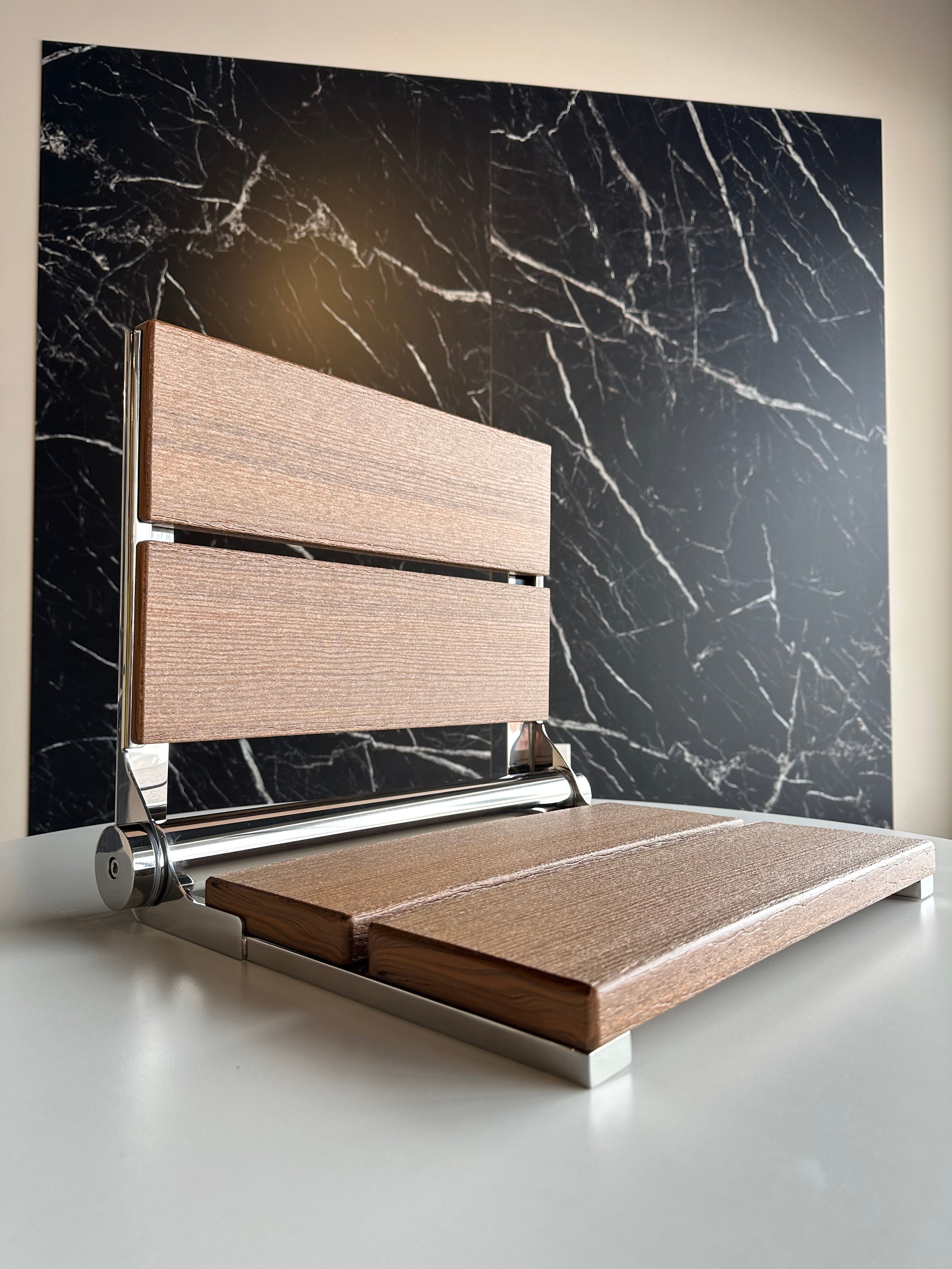 Bathcessories by LiveWell 18" Beautiful Plastic Wood Fold Down Seats. Stainless Steel and ADA Compliant BRUSHED NICKEL/ANTIQUE MAHOGANY MODEL#  18L-WS-BN-AM