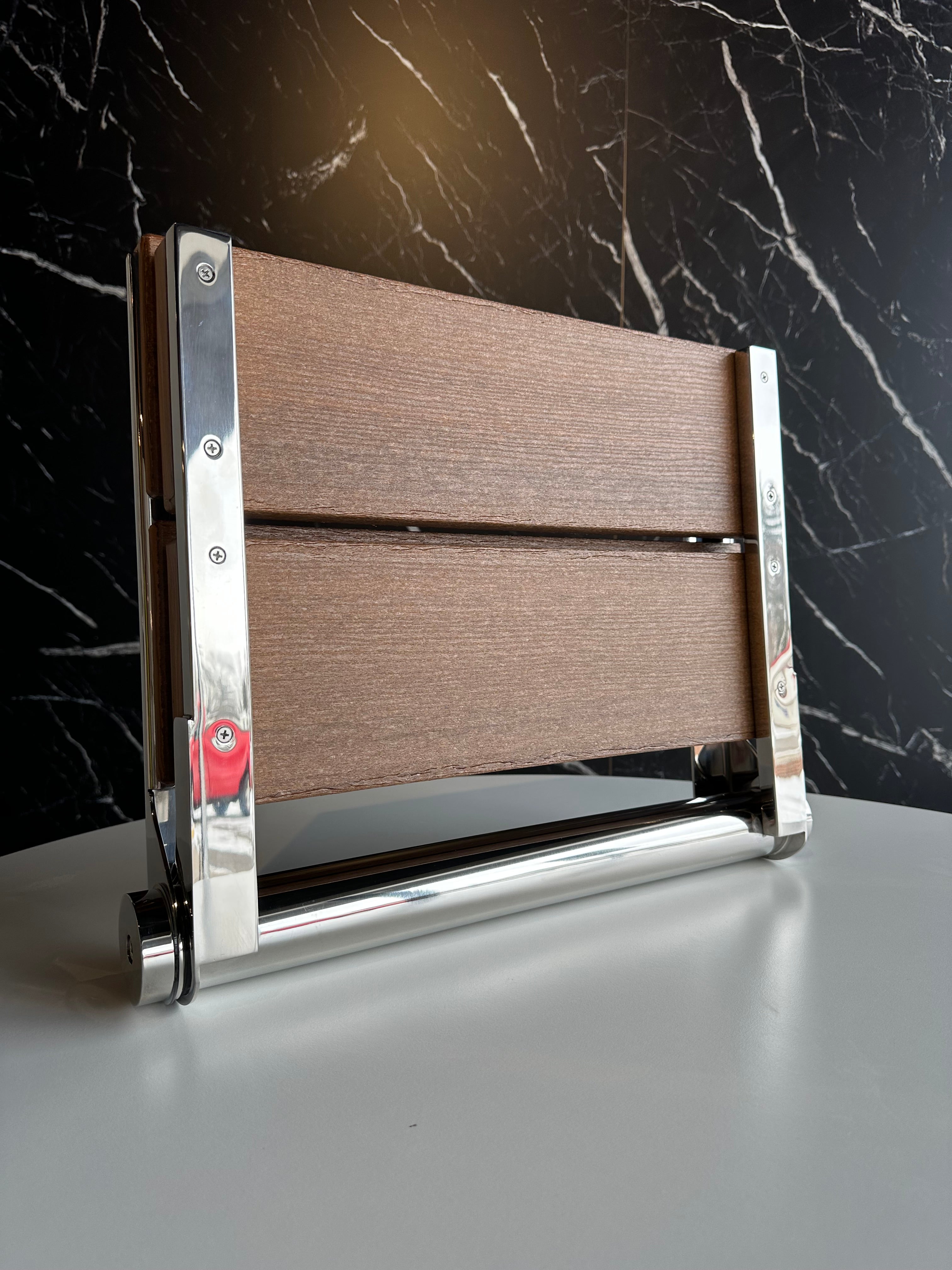 Bathcessories by LiveWell 18" Beautiful Plastic Wood Fold Down Seats. Stainless Steel and ADA Compliant BRUSHED NICKEL/ANTIQUE MAHOGANY MODEL#  18L-WS-BN-AM