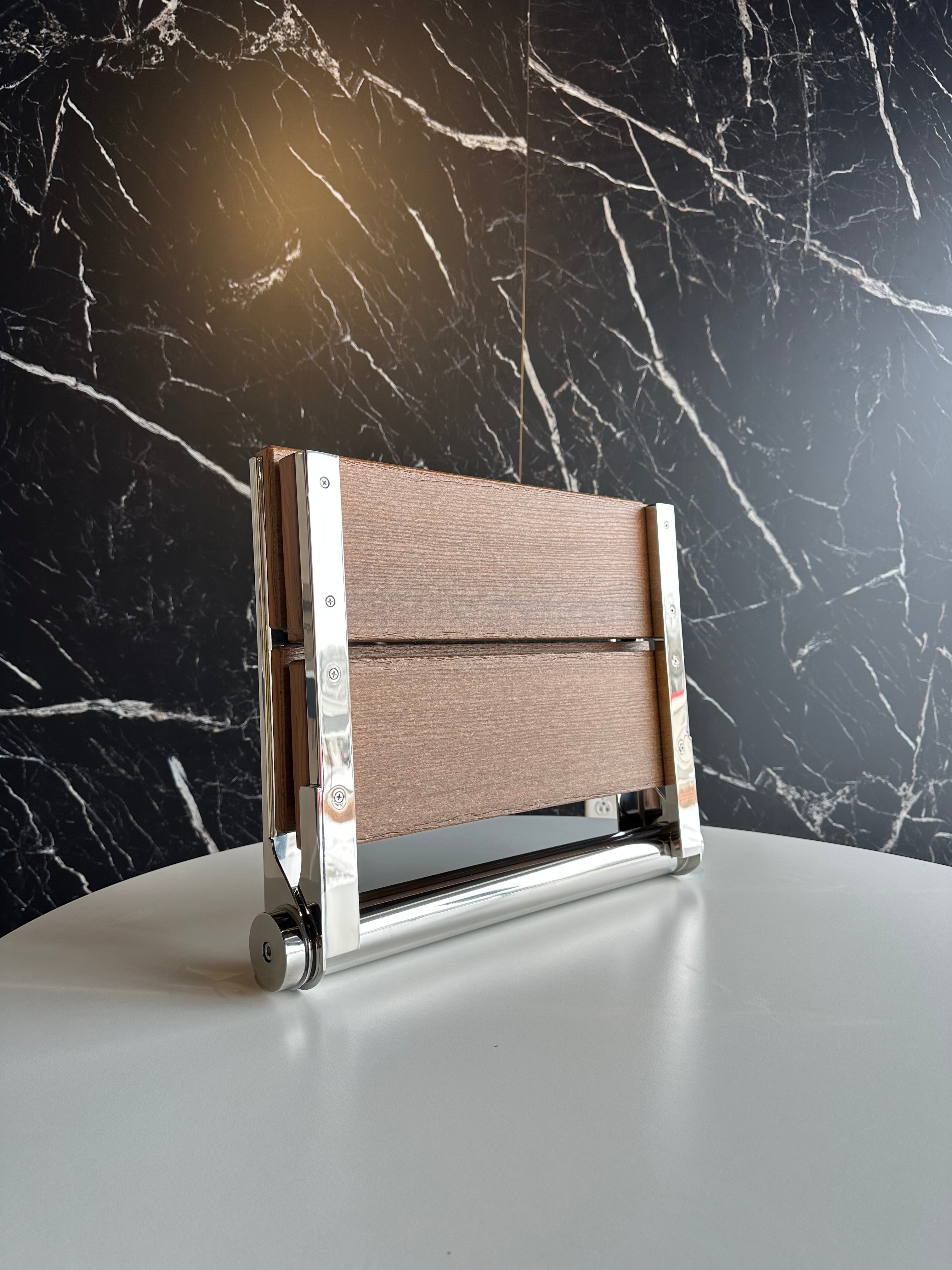 Bathcessories by LiveWell 18" Beautiful Plastic Wood Fold Down Seats. Stainless Steel and ADA Compliant BRUSHED NICKEL/ANTIQUE MAHOGANY MODEL#  18L-WS-BN-AM