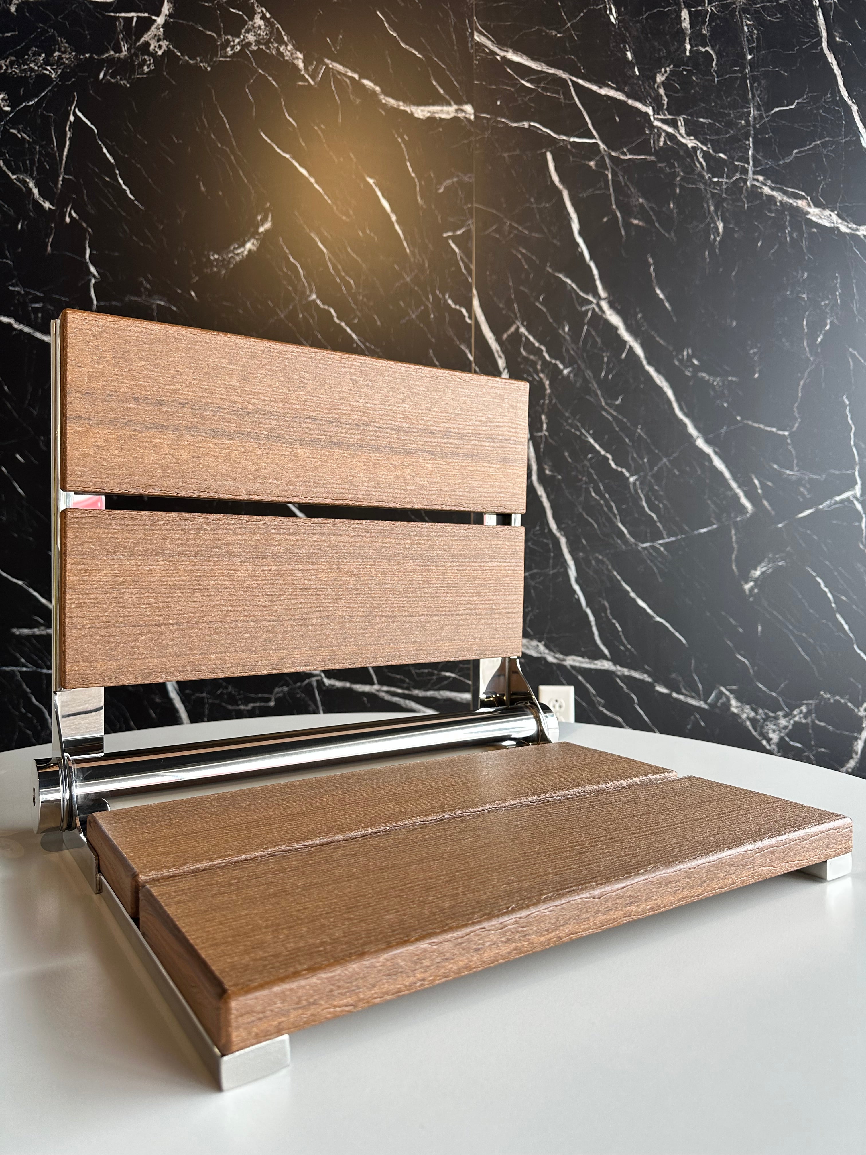 Bathcessories by LiveWell 18" Beautiful Plastic Wood Fold Down Seats. Stainless Steel and ADA Compliant BRUSHED NICKEL/ANTIQUE MAHOGANY MODEL#  18L-WS-BN-AM
