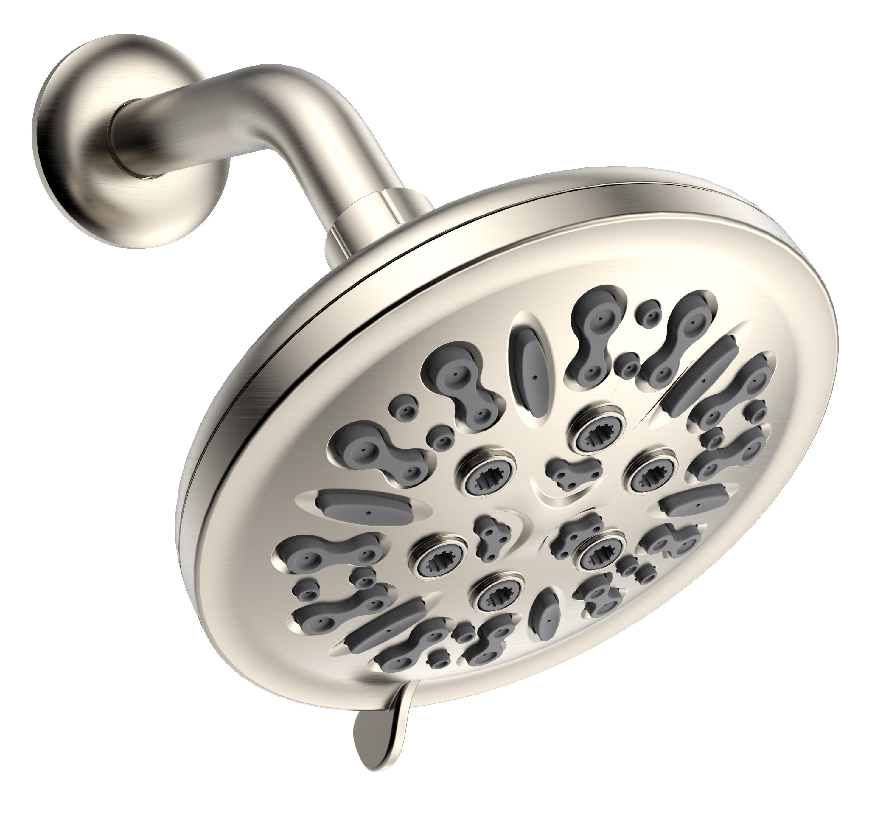 Bathcessories by LiveWell Fixed 8 Spray Function 5.50" (140mm) Shower Head with EZ Clean Silicone Spray Nozzles, Brass Ball Joint, Max Flow Rate 2.50gpm@80PSI, 6" (20x1.0x152mm) Stainless Steel Shower Arm & Flange. This shower head matches the Hand-Held Shower Wand Head. Brushed Nickel