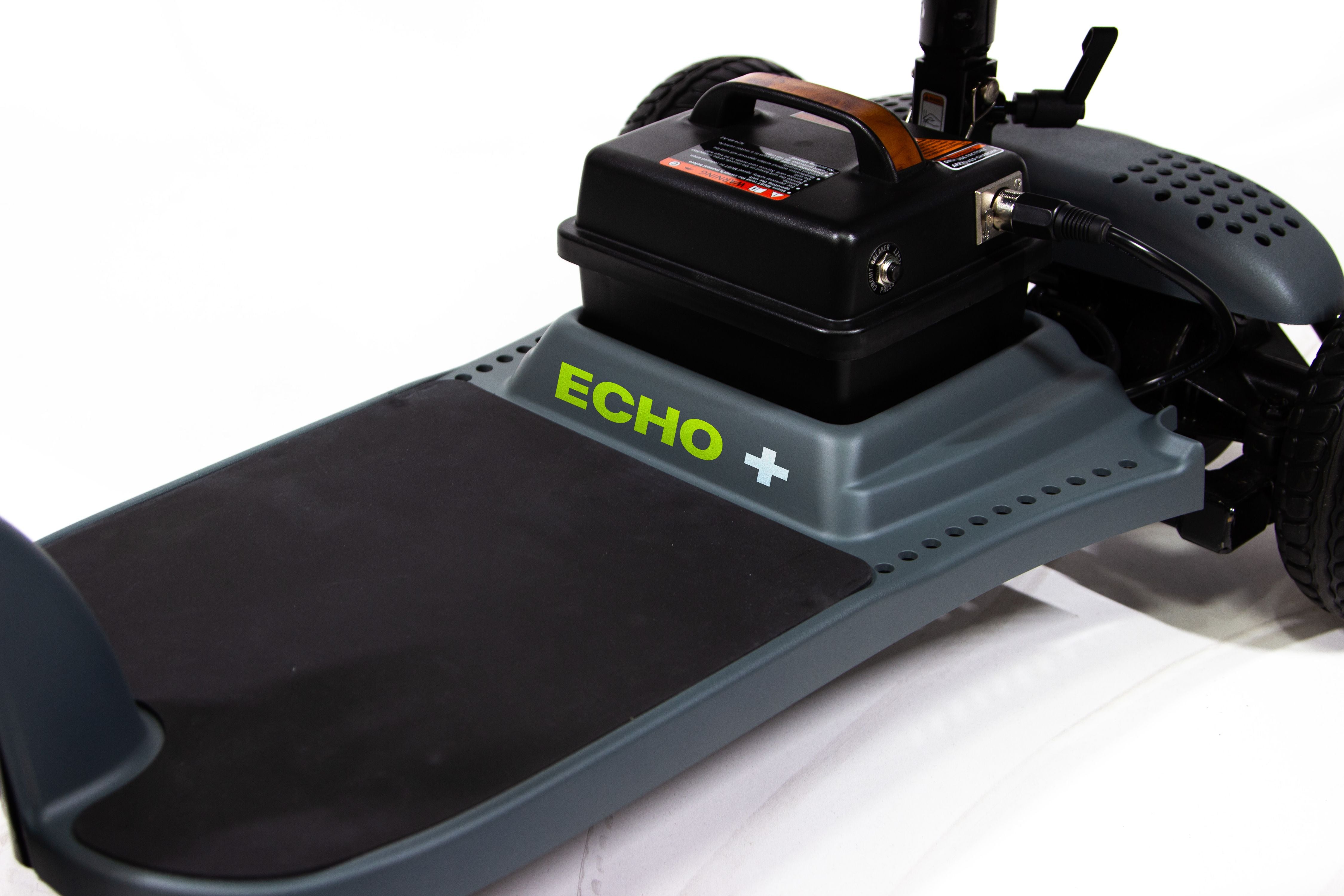 The Shoprider ECHO + is a 250 lb. capacity 3-wheel scooter with a swivel seat, adjustable tiller, and easy folding for transport.