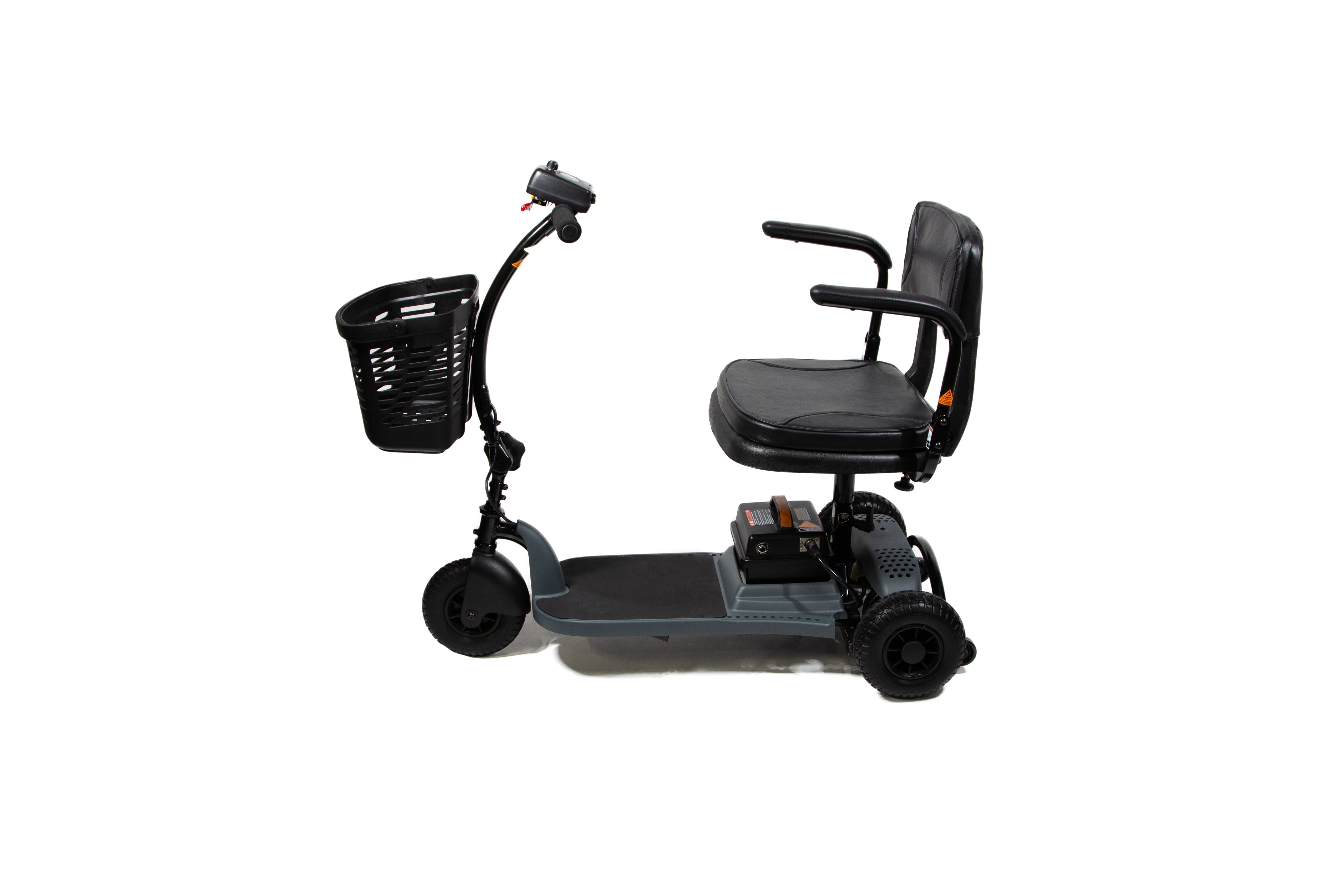 The Shoprider ECHO + is a 250 lb. capacity 3-wheel scooter with a swivel seat, adjustable tiller, and easy folding for transport.