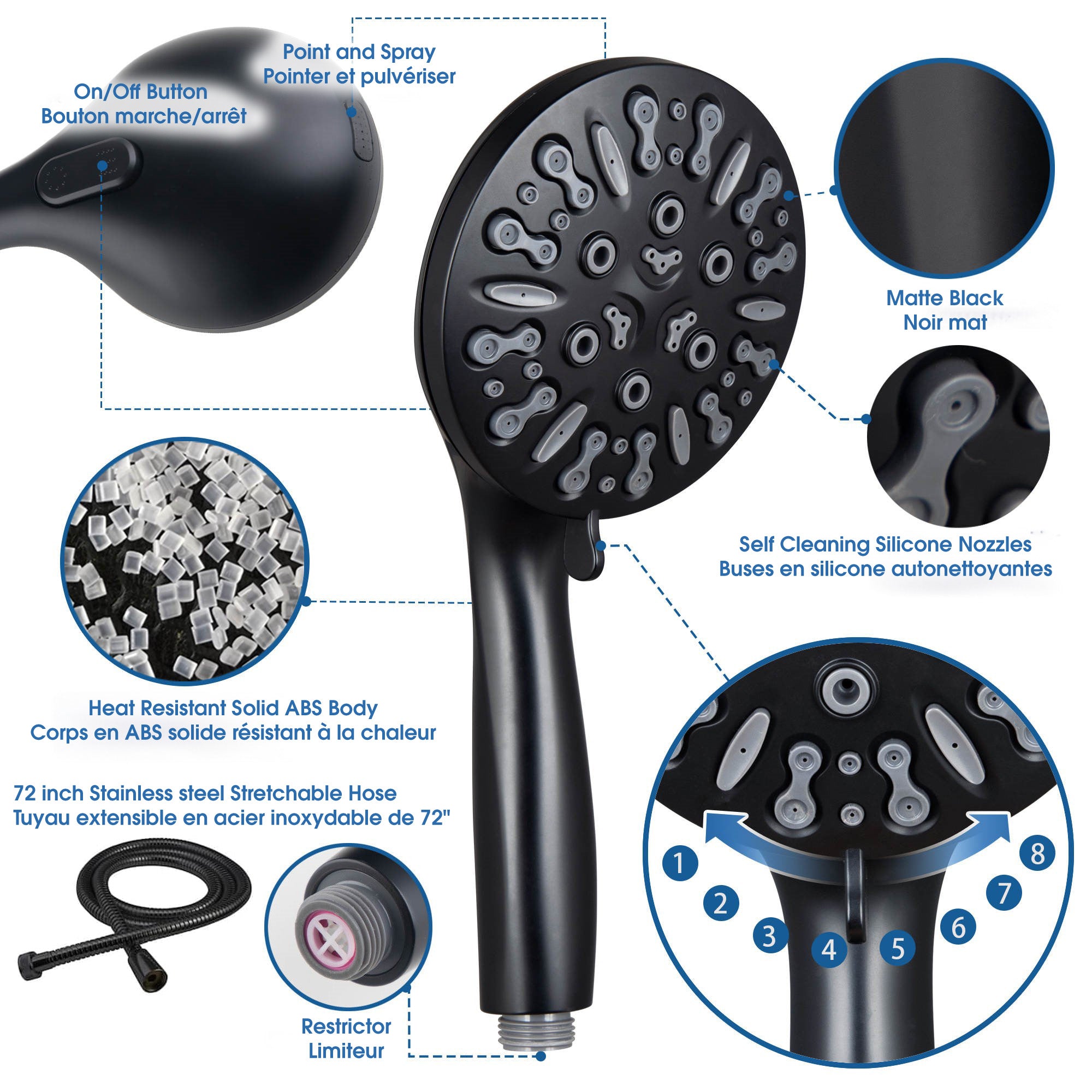 3-in-1 Grabcessories grab bars, slider bar, and 9-spray handheld shower wand with stability, luxury, and multi-function spray settings.