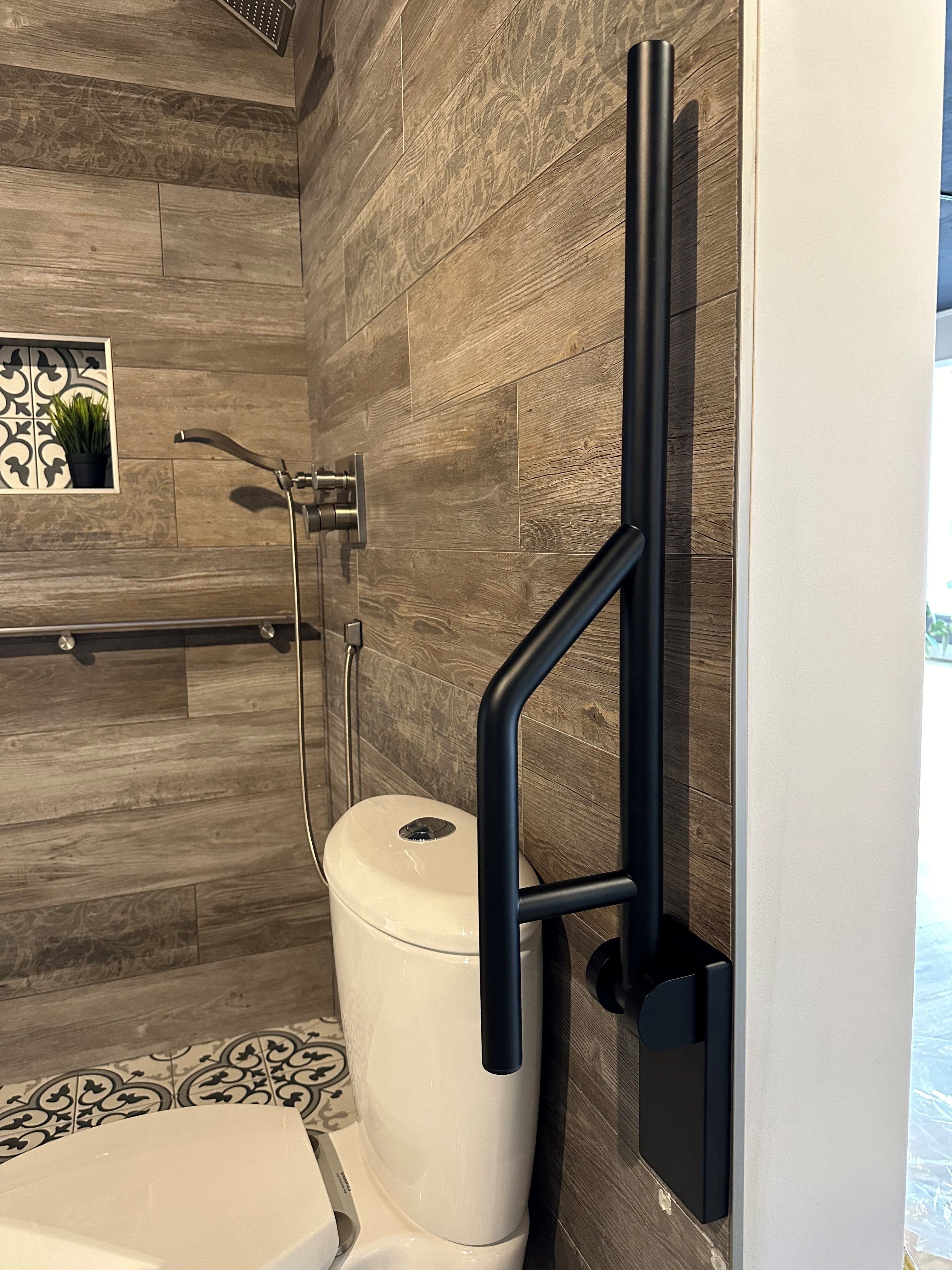 Grabcessories by LiveWell 31.5" stainless steel swing-up grab bars with a foldable design for accessibility and space-saving convenience. Available in multiple finishes.
