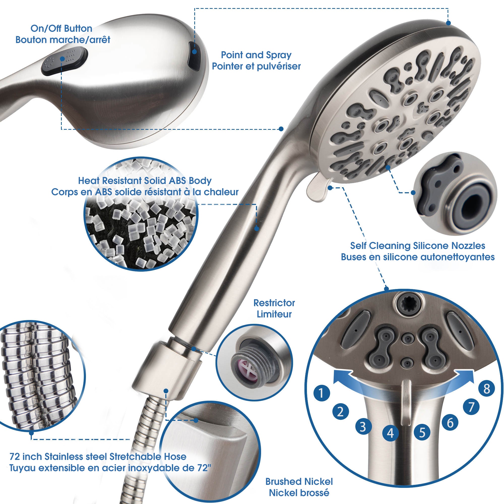 LiveWell 3-in-1, 28" Combo Grab Bar, Handheld Slider Bar, and 9-Spray Shower Wand Brushed Nickel