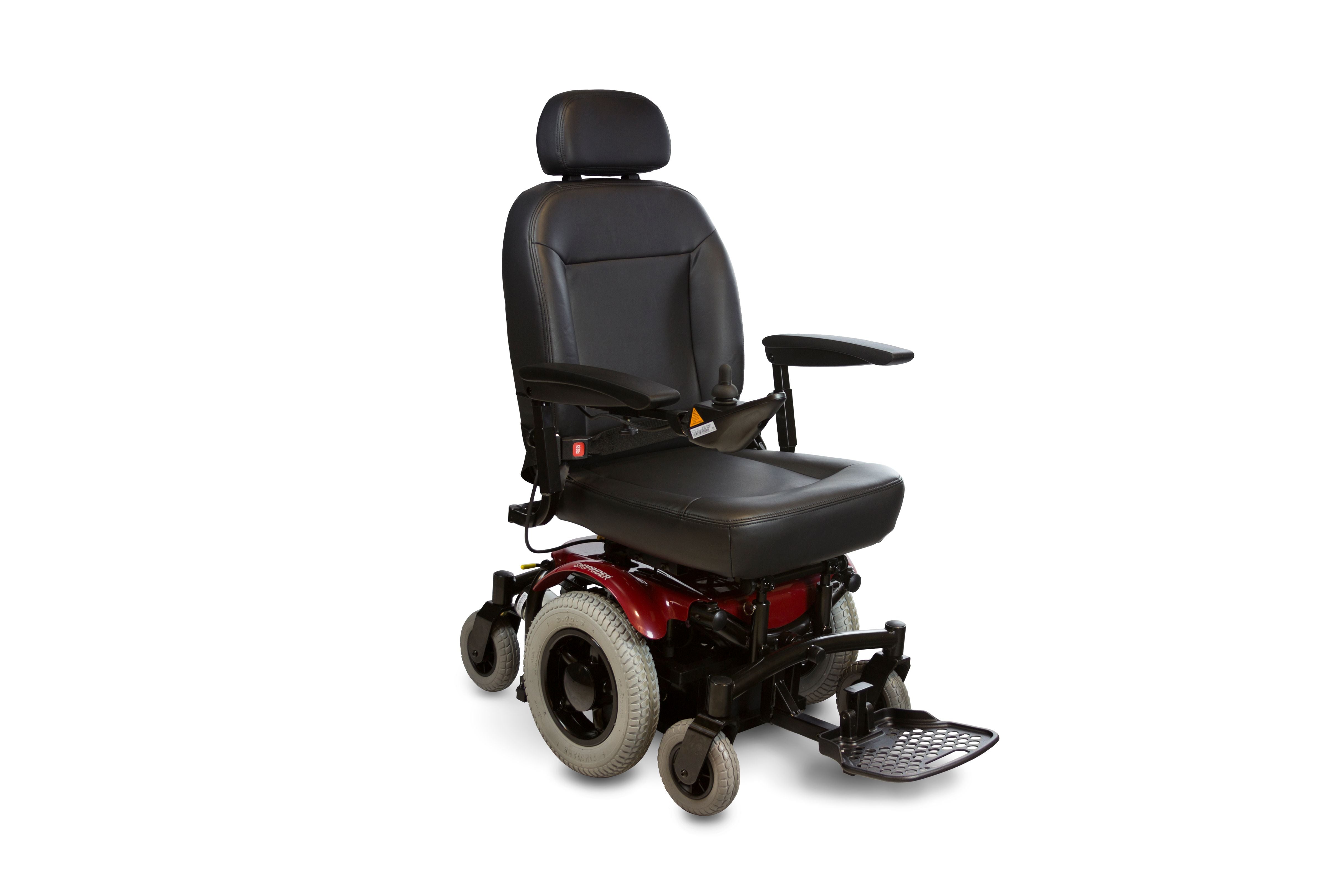 Front view of the Shoprider 6Runner 14 highlighting its full suspension system in red.