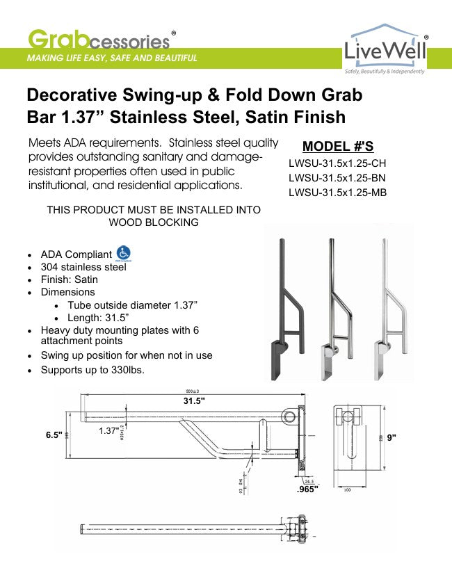 Grabcessories by LiveWell 31.5" stainless steel swing-up grab bars with a foldable design for accessibility and space-saving convenience. Available in multiple finishes.