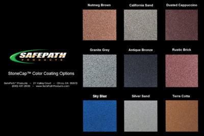 Color swatches for SafePath StoneCap color coating options on a black background