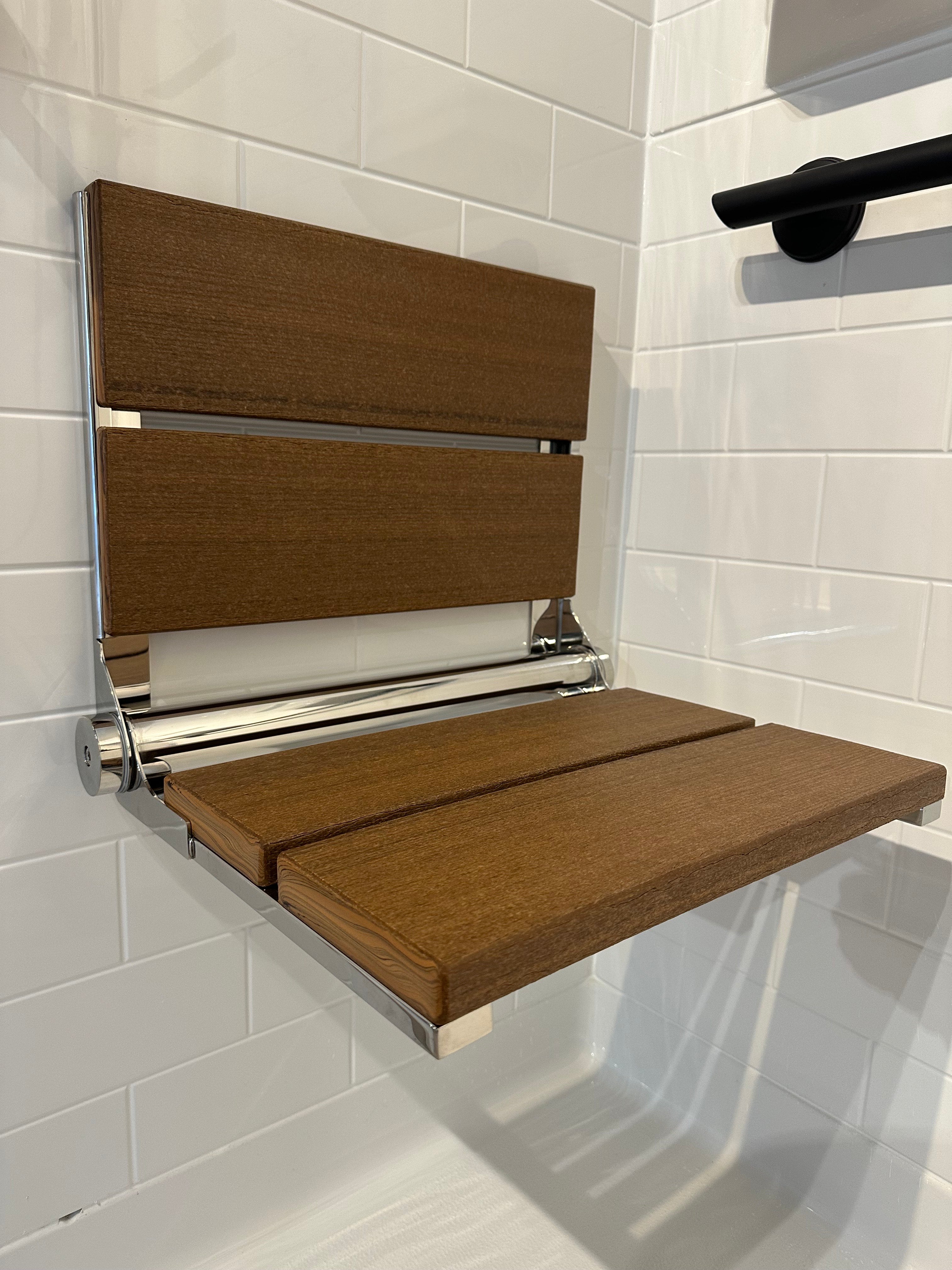 Bathcessories by LiveWell 18" Beautiful Plastic Wood Fold Down Seats. Stainless Steel and ADA Compliant CHROME/ANTIQUE MAHOGANY MODEL# 18L-WS-CH-AM