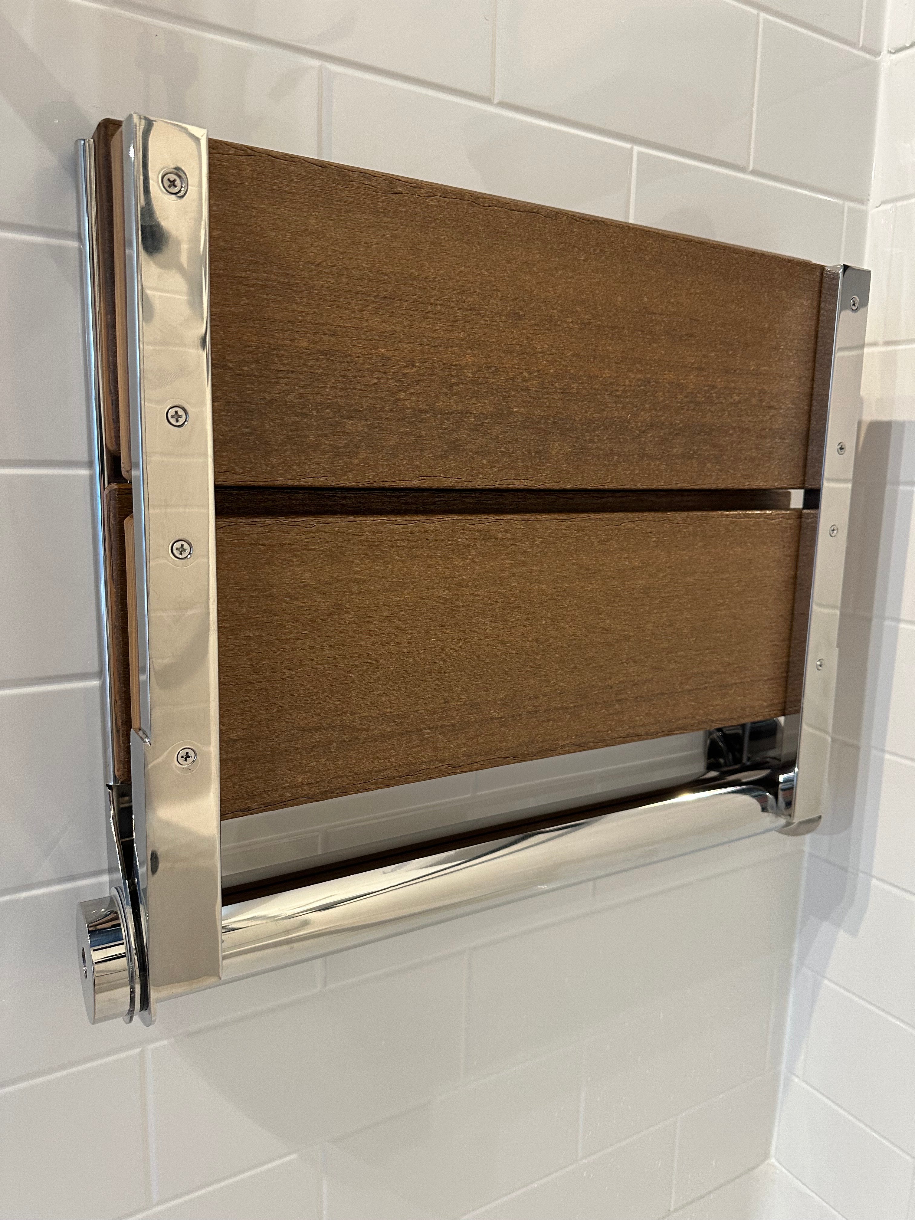 Bathcessories by LiveWell 18" Beautiful Plastic Wood Fold Down Seats. Stainless Steel and ADA Compliant CHROME/ANTIQUE MAHOGANY MODEL# 18L-WS-CH-AM