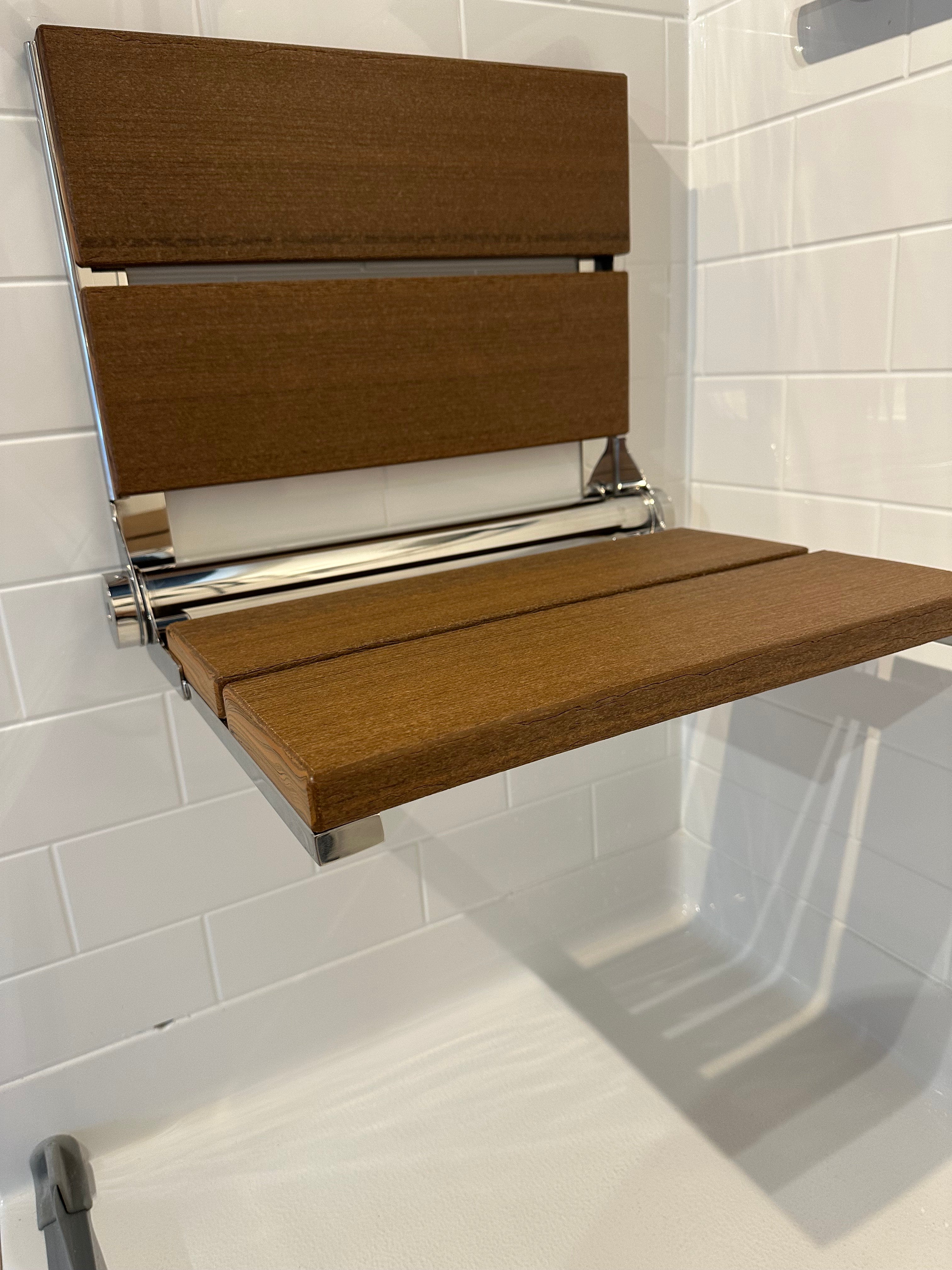 Bathcessories by LiveWell 18" Beautiful Plastic Wood Fold Down Seats. Stainless Steel and ADA Compliant CHROME/ANTIQUE MAHOGANY MODEL# 18L-WS-CH-AM