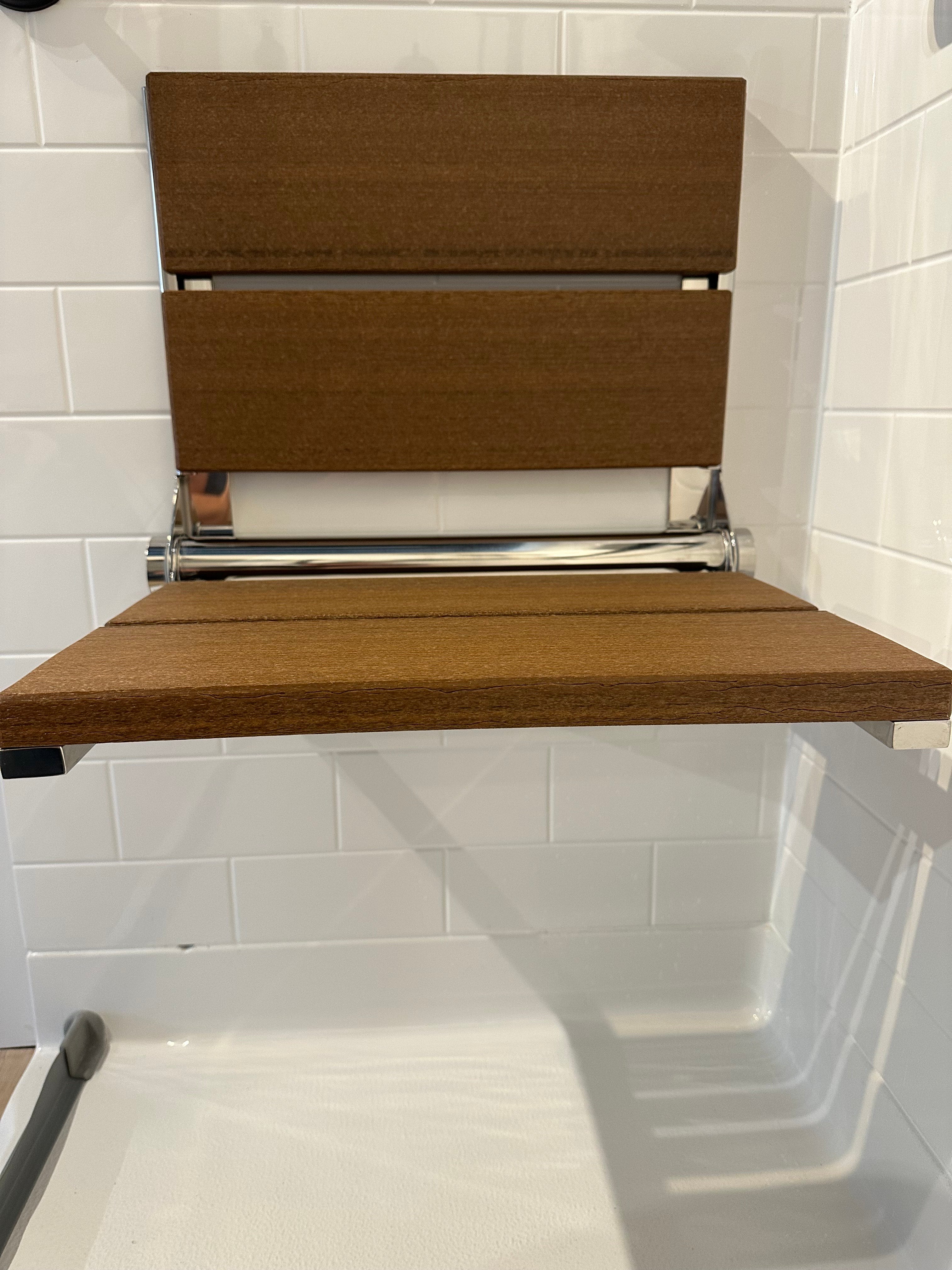Bathcessories by LiveWell 18" Beautiful Plastic Wood Fold Down Seats. Stainless Steel and ADA Compliant CHROME/ANTIQUE MAHOGANY MODEL# 18L-WS-CH-AM
