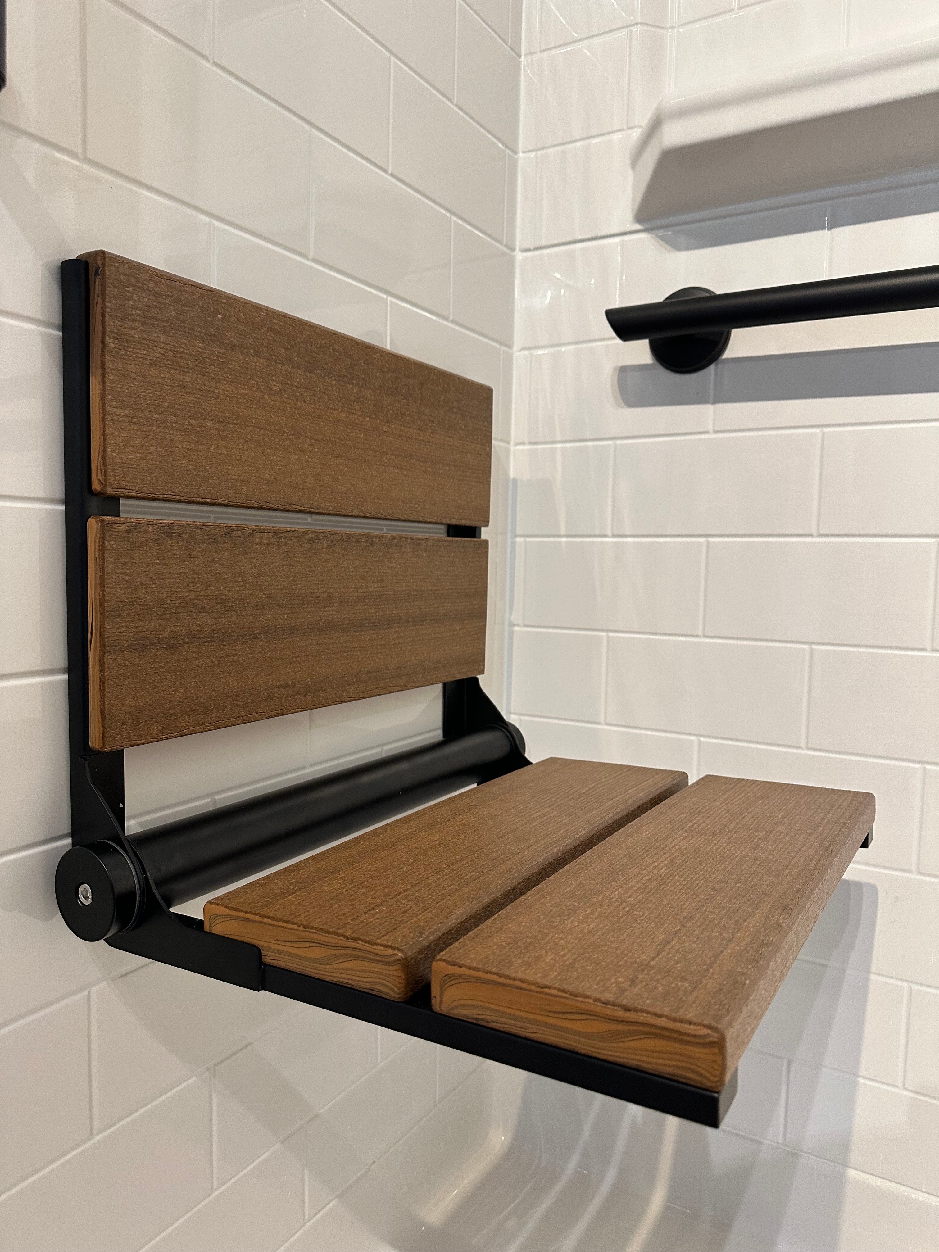 Bathcessories by LiveWell 18" Beautiful Plastic Wood Fold Down Seats. Stainless Steel and ADA Compliant MATTE BLACK/ANTIQUE MAHOGANY MODEL# 18L-WS-MB-AM
