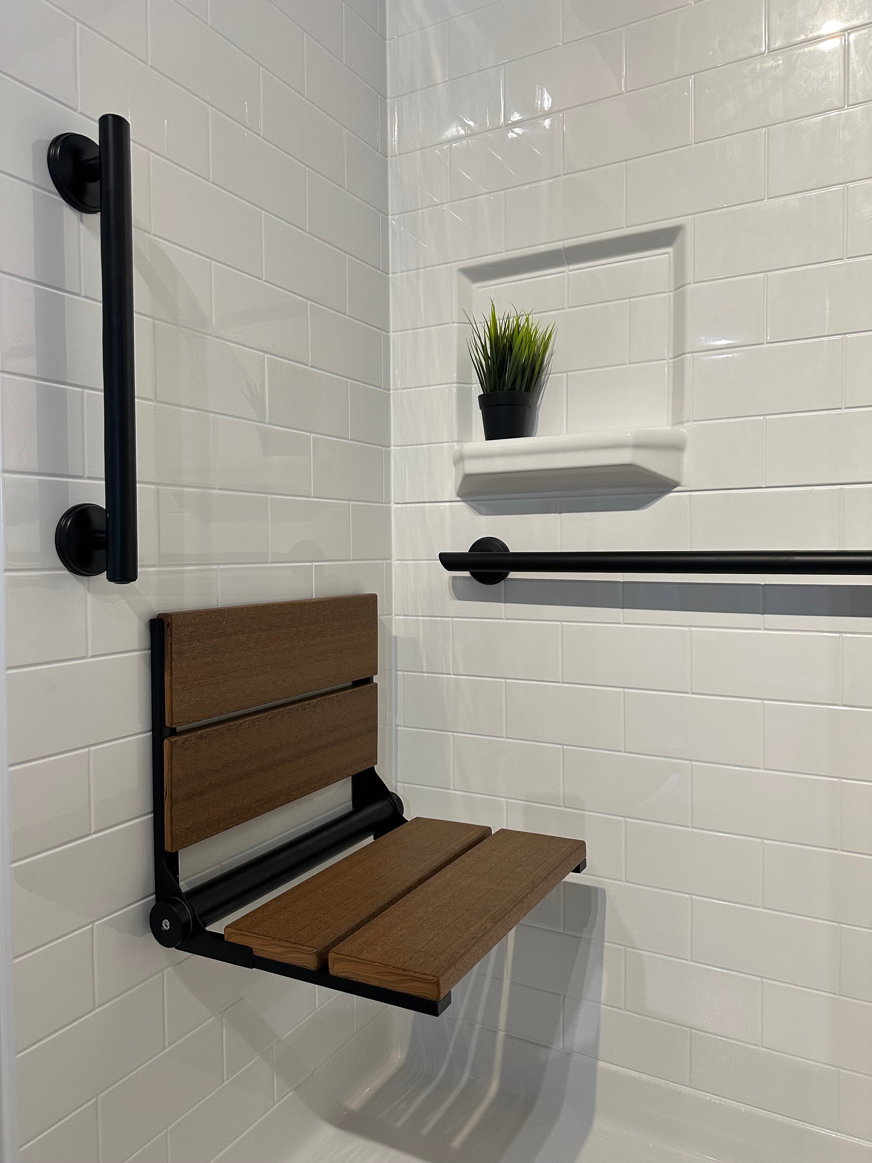 Bathcessories by LiveWell 18" Beautiful Plastic Wood Fold Down Seats. Stainless Steel and ADA Compliant MATTE BLACK/ANTIQUE MAHOGANY MODEL# 18L-WS-MB-AM
