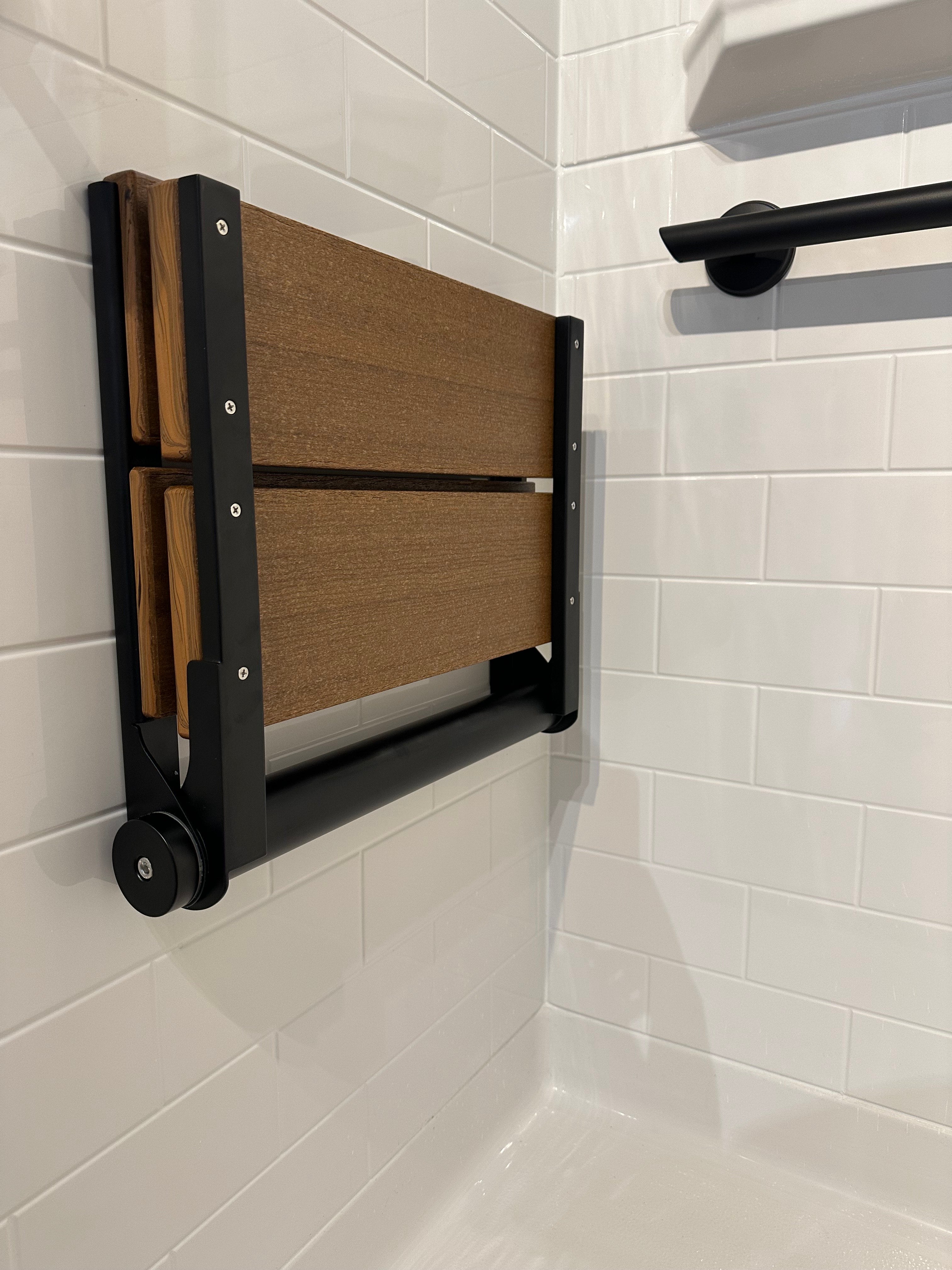 Bathcessories by LiveWell 18" Beautiful Plastic Wood Fold Down Seats. Stainless Steel and ADA Compliant MATTE BLACK/ANTIQUE MAHOGANY MODEL# 18L-WS-MB-AM