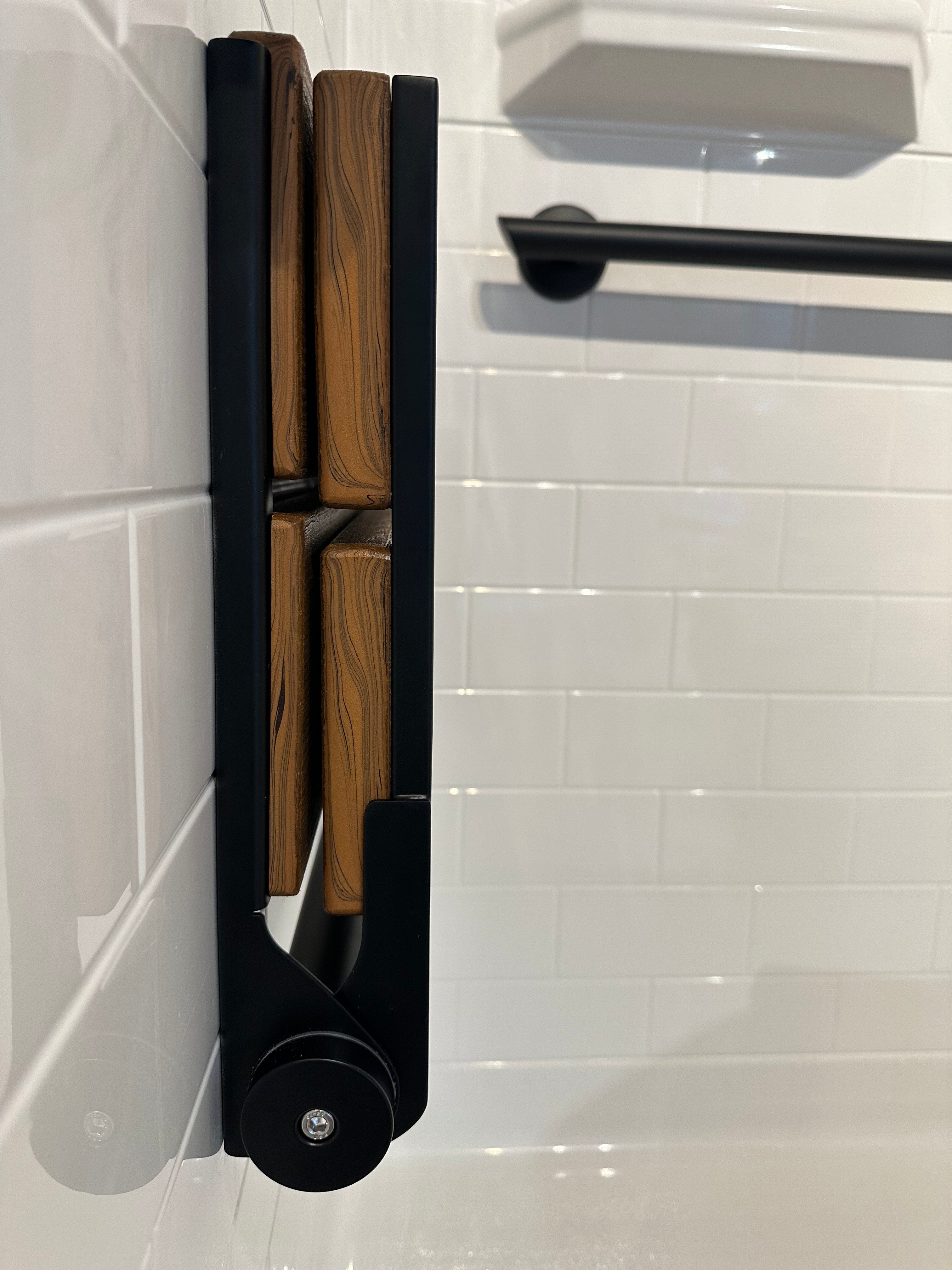 Bathcessories by LiveWell 18" Beautiful Plastic Wood Fold Down Seats. Stainless Steel and ADA Compliant MATTE BLACK/ANTIQUE MAHOGANY MODEL# 18L-WS-MB-AM