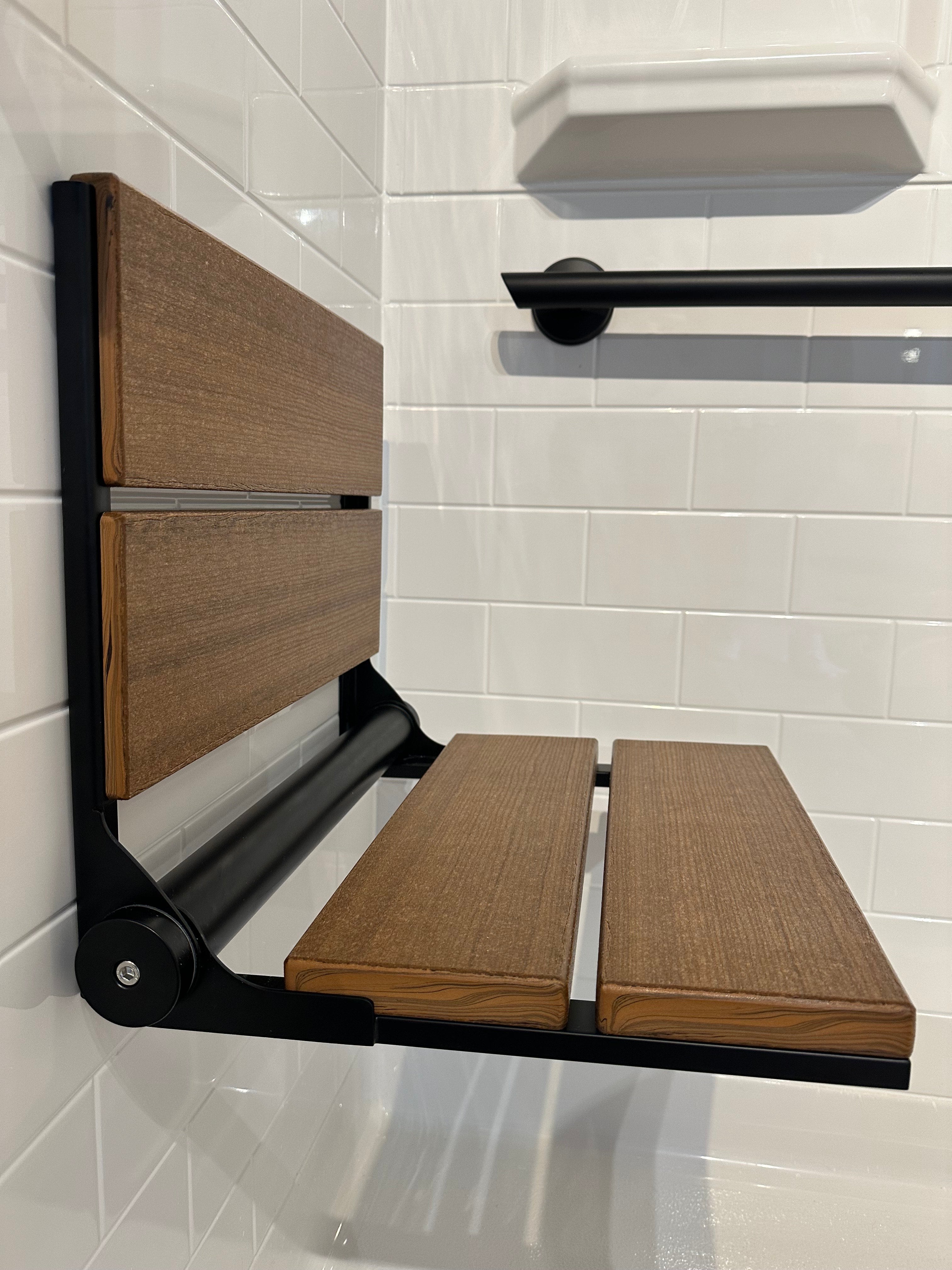 Bathcessories by LiveWell 18" Beautiful Plastic Wood Fold Down Seats. Stainless Steel and ADA Compliant MATTE BLACK/ANTIQUE MAHOGANY MODEL# 18L-WS-MB-AM