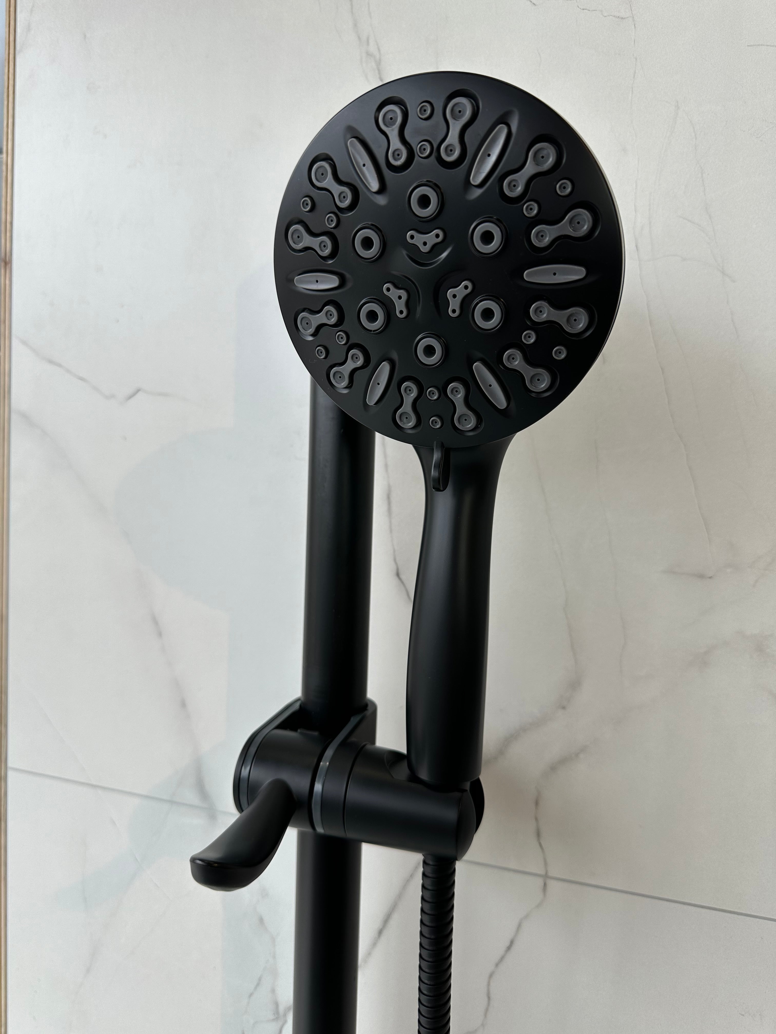 3-in-1 Grabcessories grab bars, slider bar, and 9-spray handheld shower wand with stability, luxury, and multi-function spray settings.