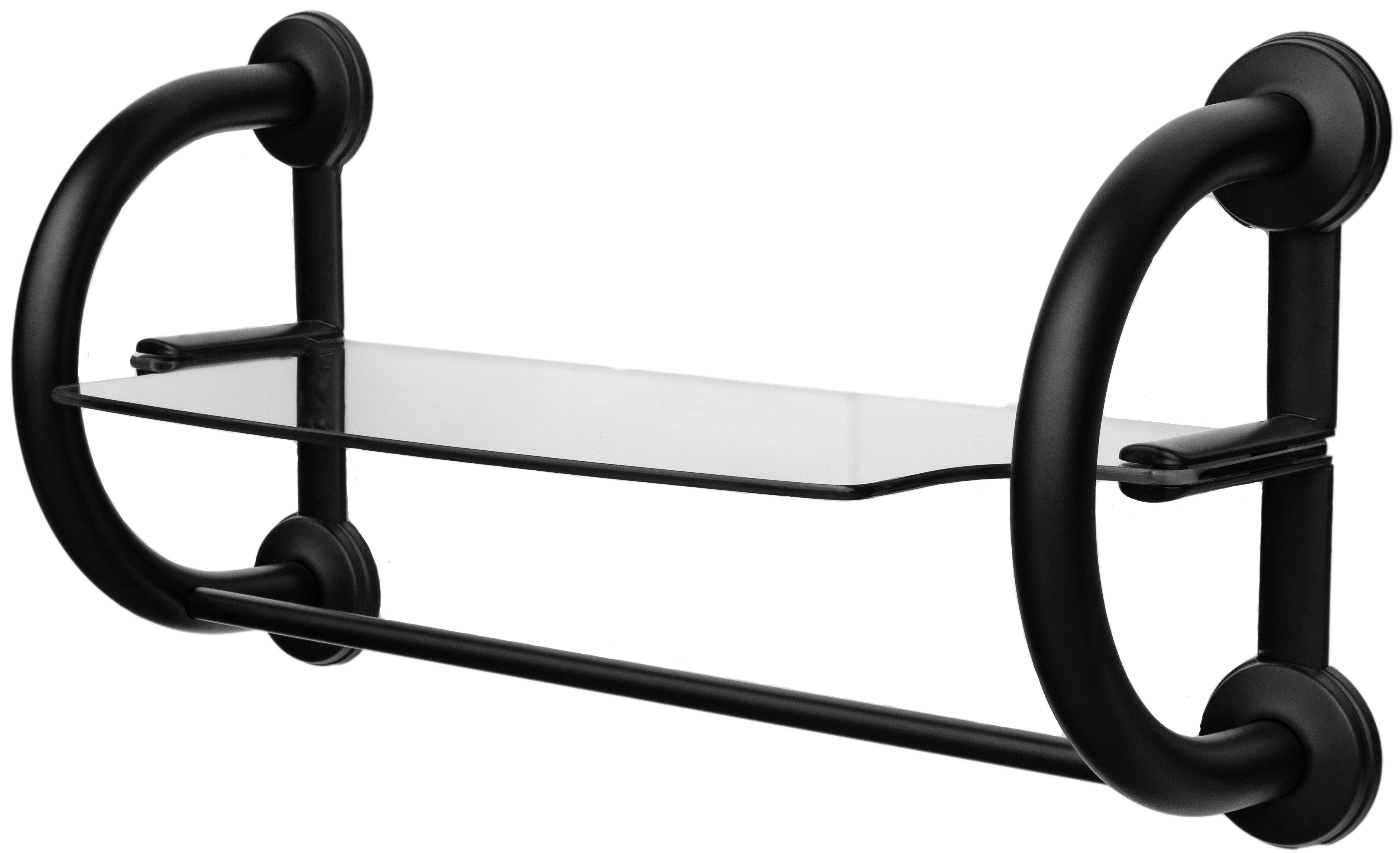 Grabcessories by LiveWell 3-in-1-grab-bar-towel-shelf: "Grabcessories 3-in-1 stainless steel grab bars with tempered glass towel shelf in a modern bathroom."