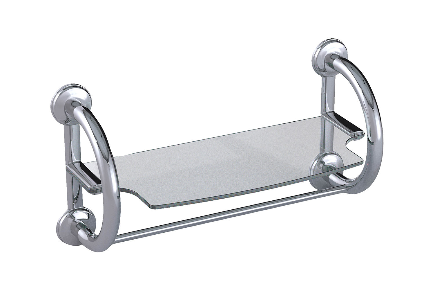 Grabcessories by LiveWell 3-in-1-grab-bar-towel-shelf: "Grabcessories 3-in-1 stainless steel grab bars with tempered glass towel shelf in a modern bathroom."