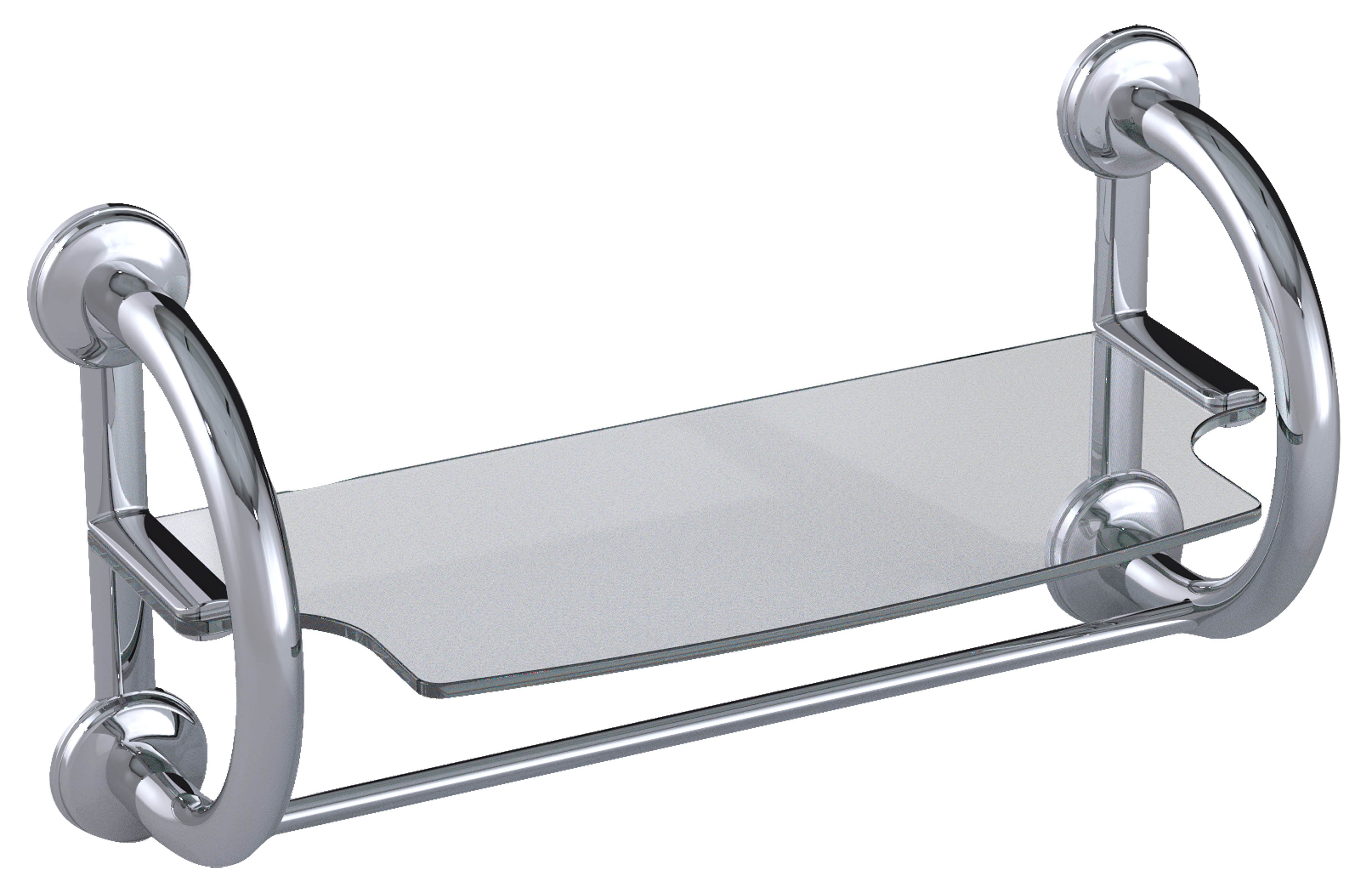 Grabcessories by LiveWell 3-in-1-grab-bar-towel-shelf: "Grabcessories 3-in-1 stainless steel grab bars with tempered glass towel shelf in a modern bathroom." Chrome