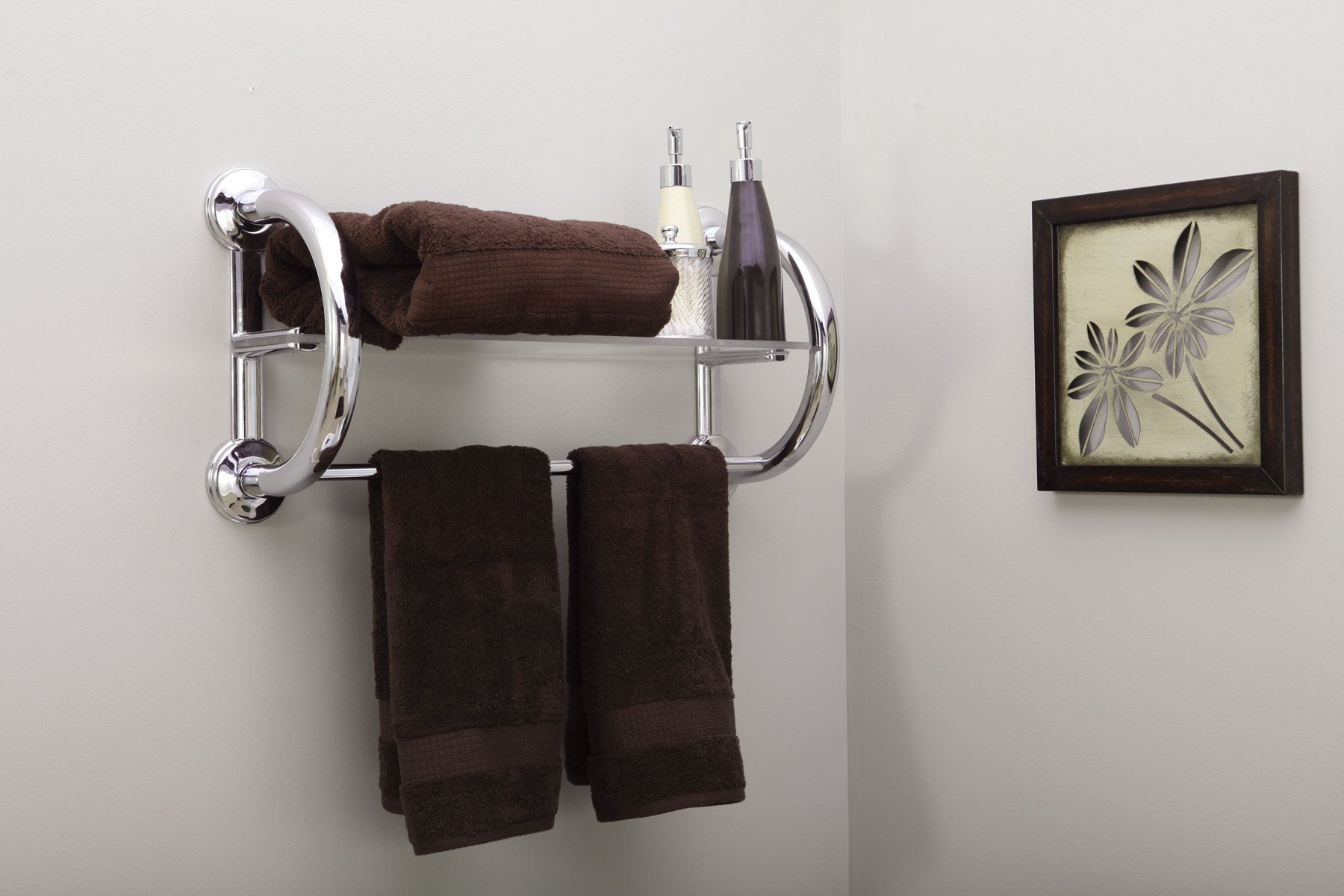 Grabcessories by LiveWell 3-in-1-grab-bar-towel-shelf: "Grabcessories 3-in-1 stainless steel grab bars with tempered glass towel shelf in a modern bathroom."