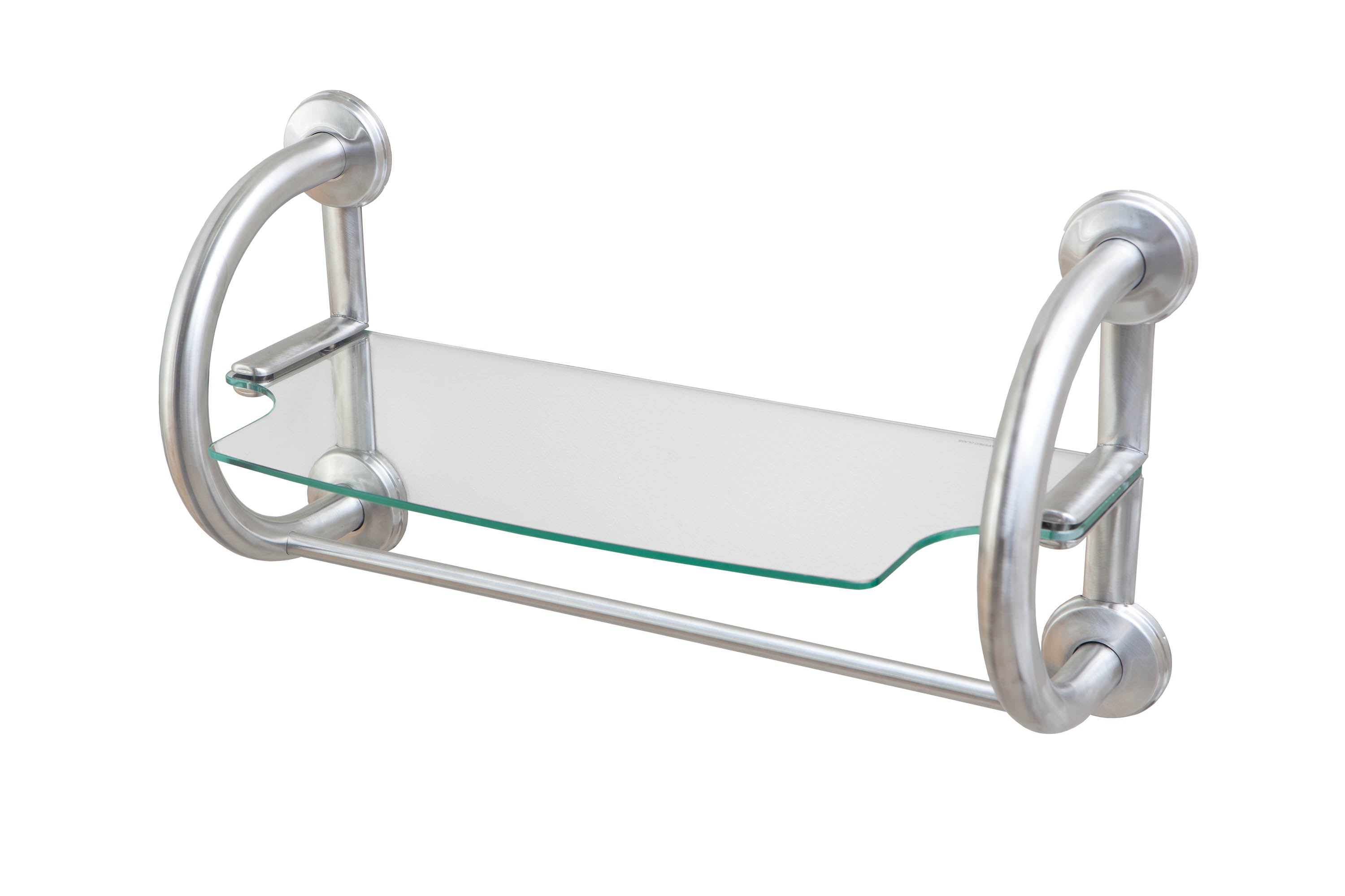 Grabcessories by LiveWell 3-in-1-grab-bar-towel-shelf: "Grabcessories 3-in-1 stainless steel grab bars with tempered glass towel shelf in a modern bathroom." Brushed Nickel