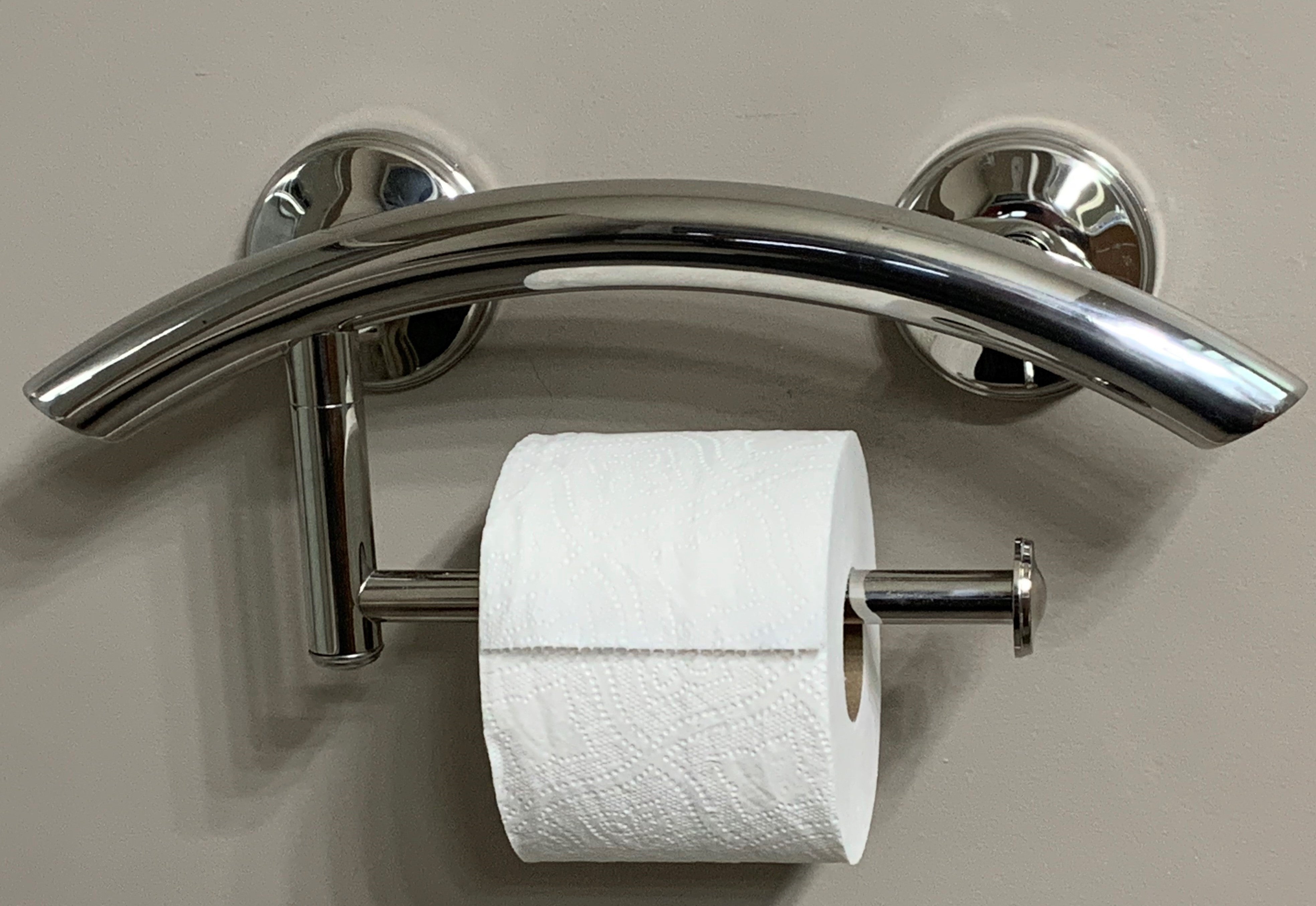 3-in-1 arched grab bars designed as a toilet paper holder or hand towel bar with EZ Clean rubber nubby grips for safety and stability.
