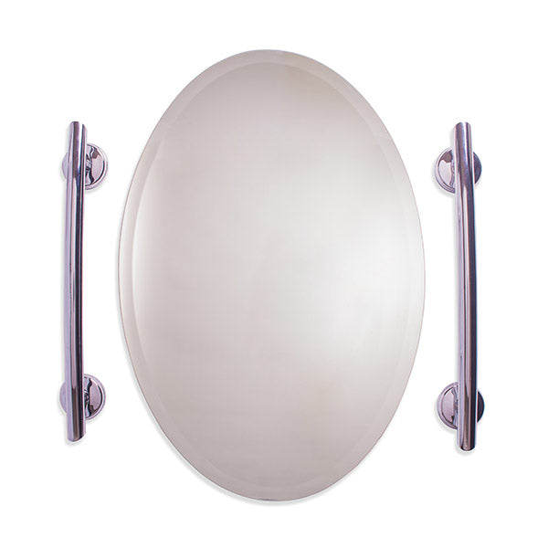 grabcessories-mirror-bars-2-pack: "Grabcessories by LiveWell curved grab bars surrounding mirror 2-pack installed in a modern bathroom."