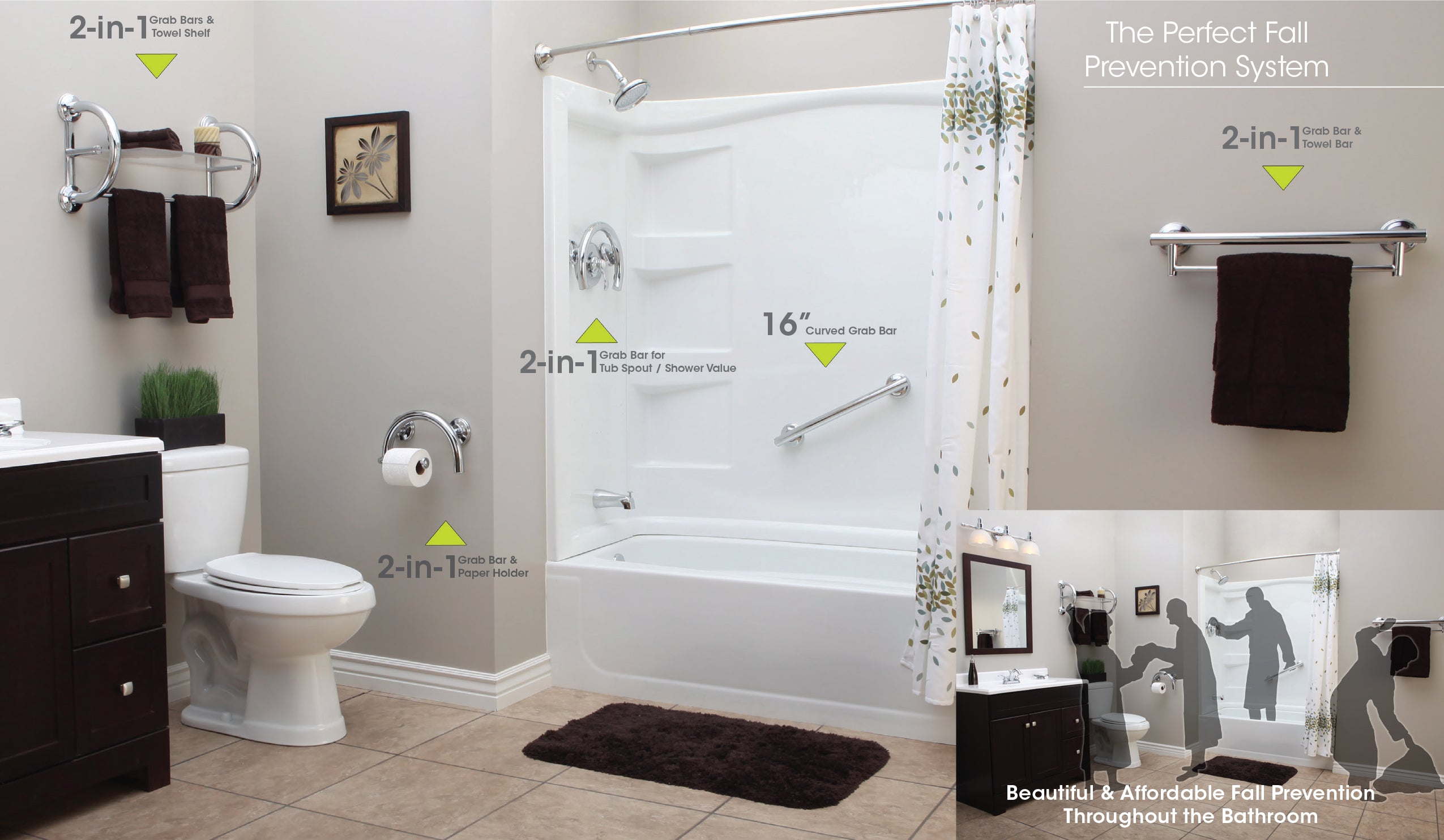 Grabcessories by LiveWell Room shot, The Perfect Fall Prevention System. Beautiful & Affordable Fall Prevention Throughout the Bathroom.
