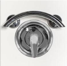 15-inch arched Anywhere Grab Bars with angled ends, EZ Clean rubber nubby grips, and a versatile design for installation over shower valves, vanities, and more.