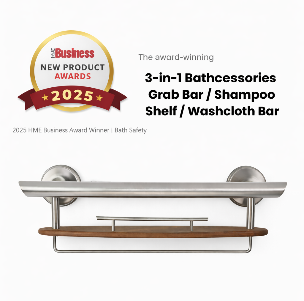 The award-winning 3-in-1 Bathcessories Grab Bar / Shampoo Shelf / Washcloth Bar
