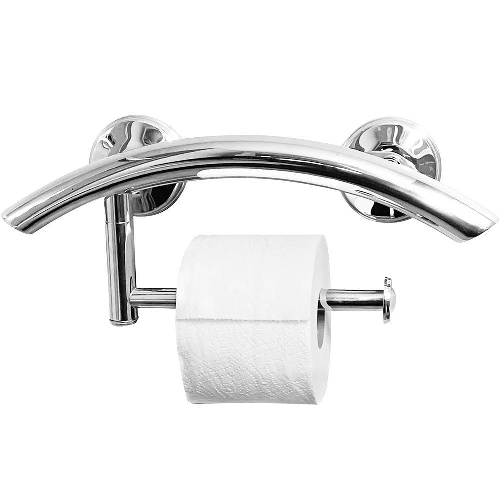 3-in-1 arched grab bars designed as a toilet paper holder or hand towel bar with EZ Clean rubber nubby grips for safety and stability.
