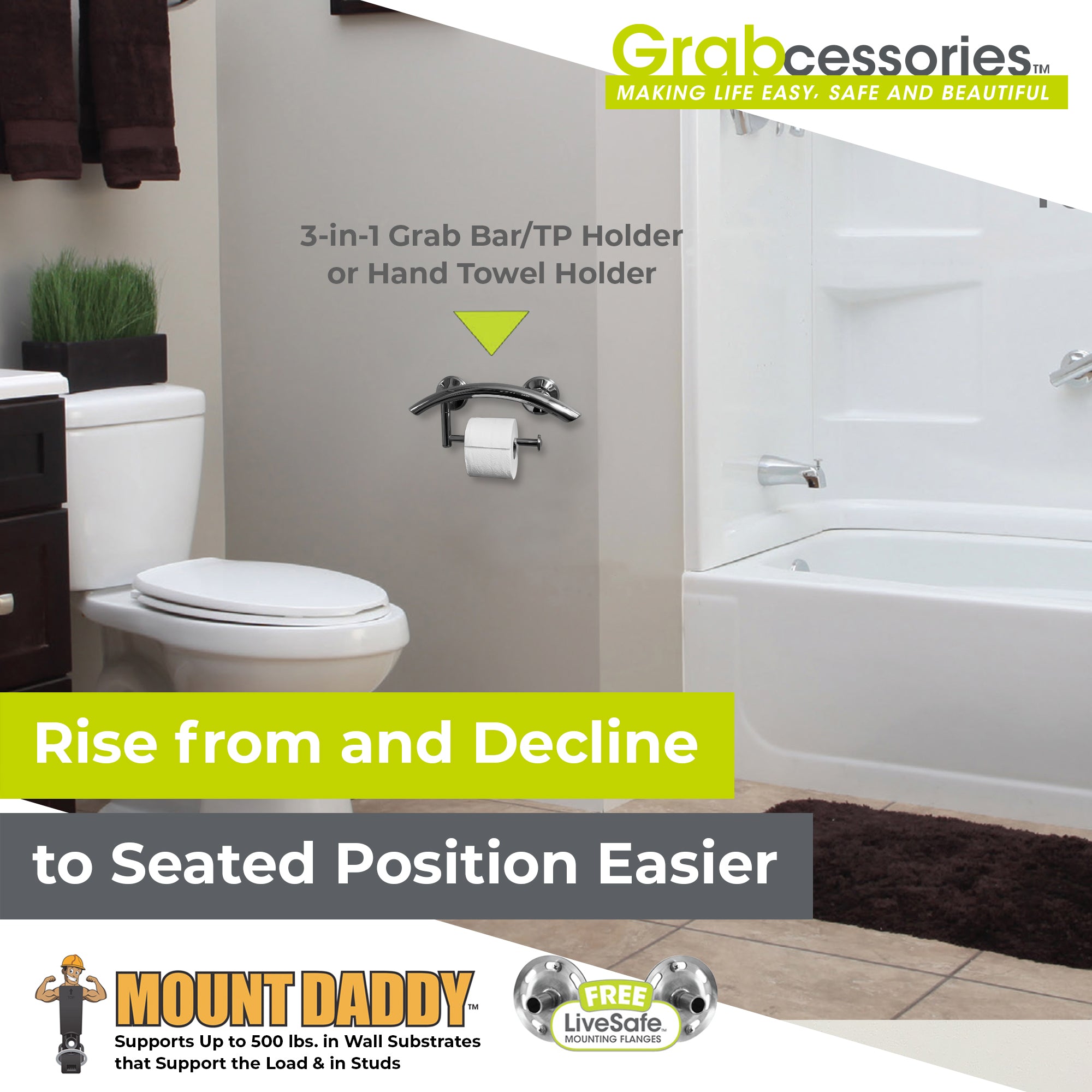 3-in-1 arched grab bars designed as a toilet paper holder or hand towel bar with EZ Clean rubber nubby grips for safety and stability.
