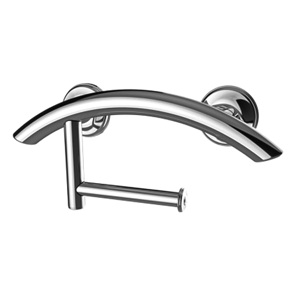 3-in-1 arched grab bars designed as a toilet paper holder or hand towel bar with EZ Clean rubber nubby grips for safety and stability.
