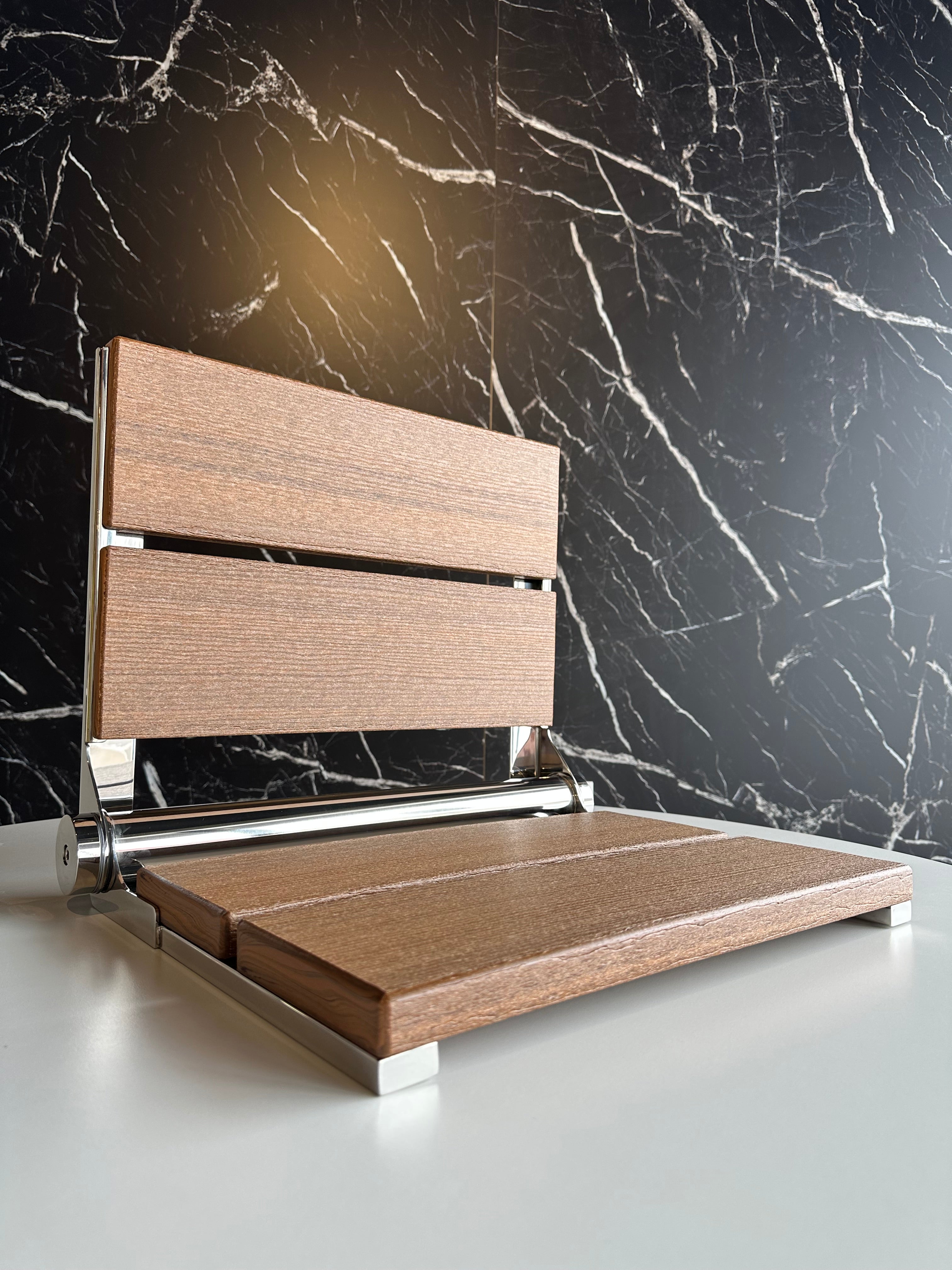 Bathcessories by LiveWell 18" Beautiful Plastic Wood Fold Down Seats. Stainless Steel and ADA Compliant BRUSHED NICKEL/ANTIQUE MAHOGANY MODEL#  18L-WS-BN-AM
