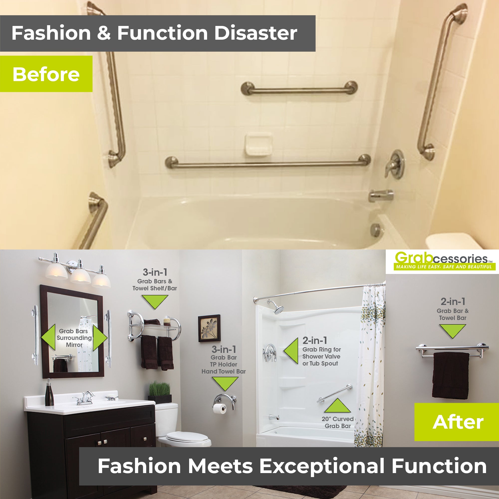 Grabcessories by LiveWell where fashion meets exceptional function. Grab bars for all your needs. Before and After. 